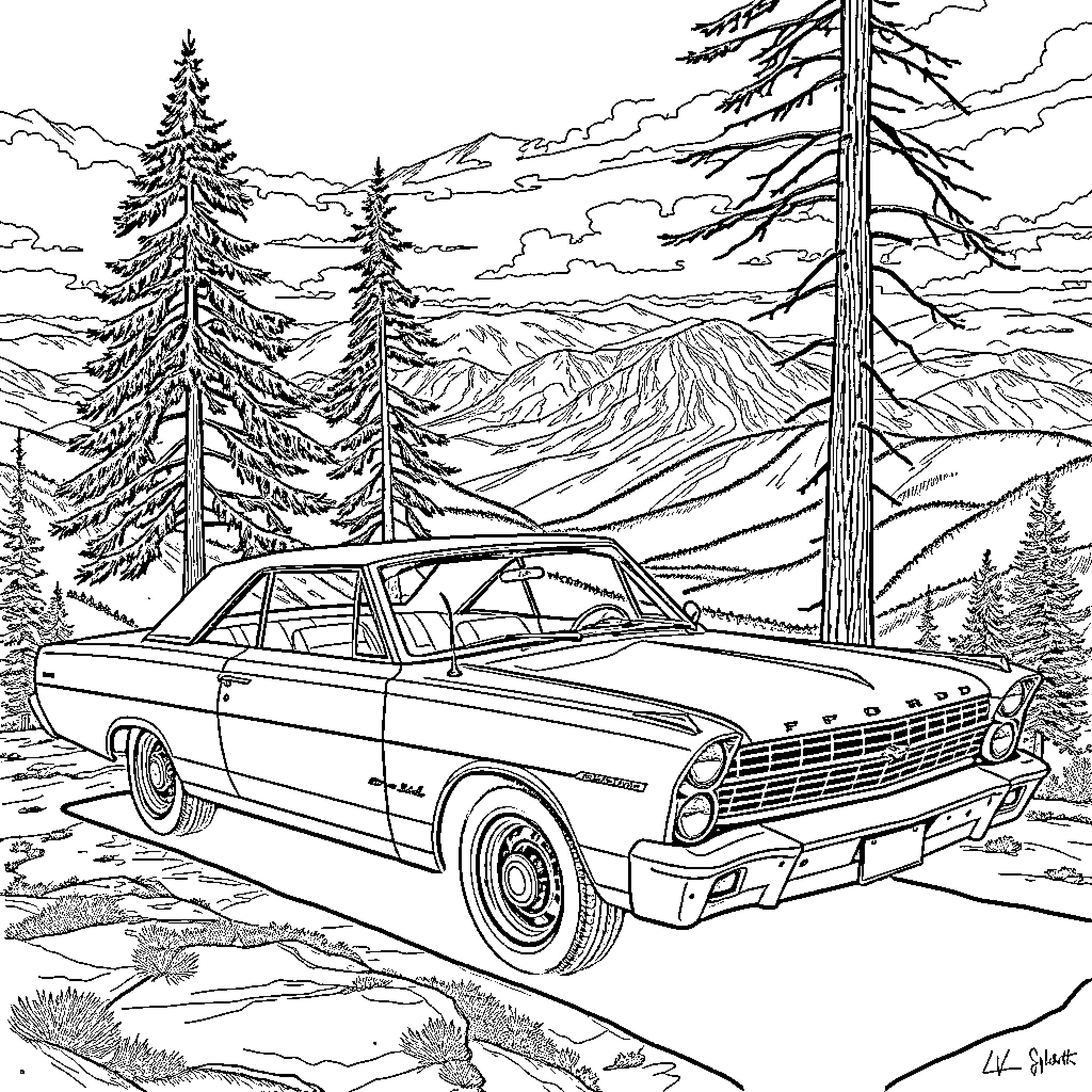 Ford Galaxie in serene mountain landscape Coloring Page (free black-and-white line drawing printable PDF for all, from beginners to advanced learners, including children, teens, adults, and seniors)
