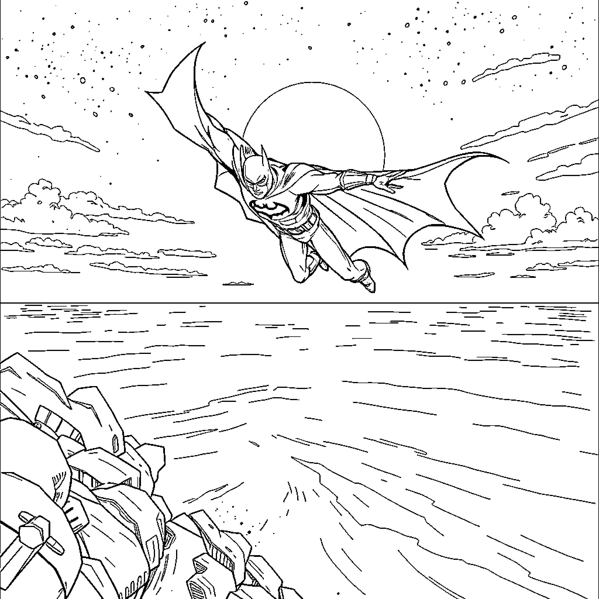 Batman soaring through the night sky Coloring Page (free black-and-white line drawing printable PDF for all, from beginners to advanced learners, including children, teens, adults, and seniors)