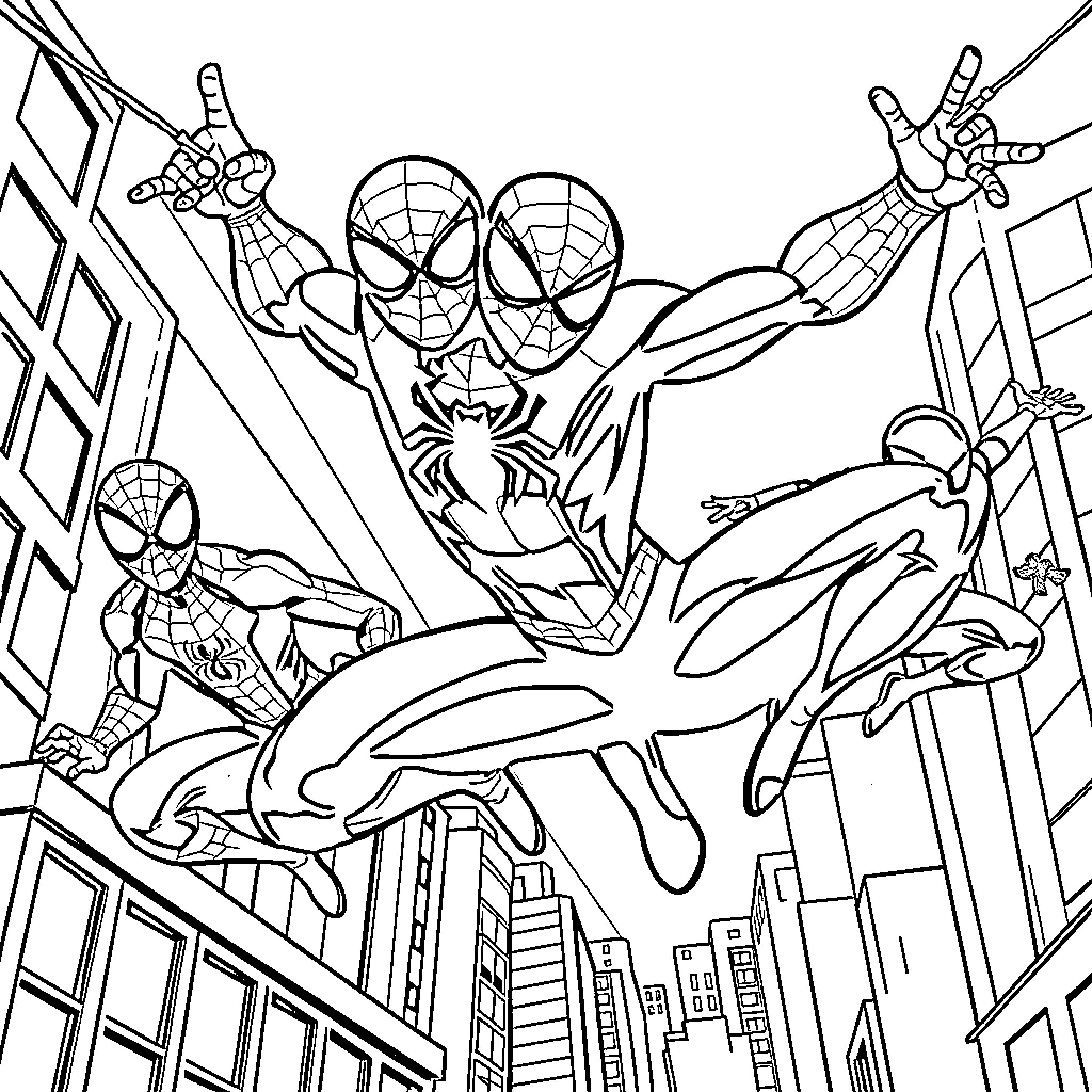 Spider-Heroes engaging in heroic actions in the city Coloring Page (free black-and-white line drawing printable PDF for all, from beginners to advanced learners, including children, teens, adults, and seniors)