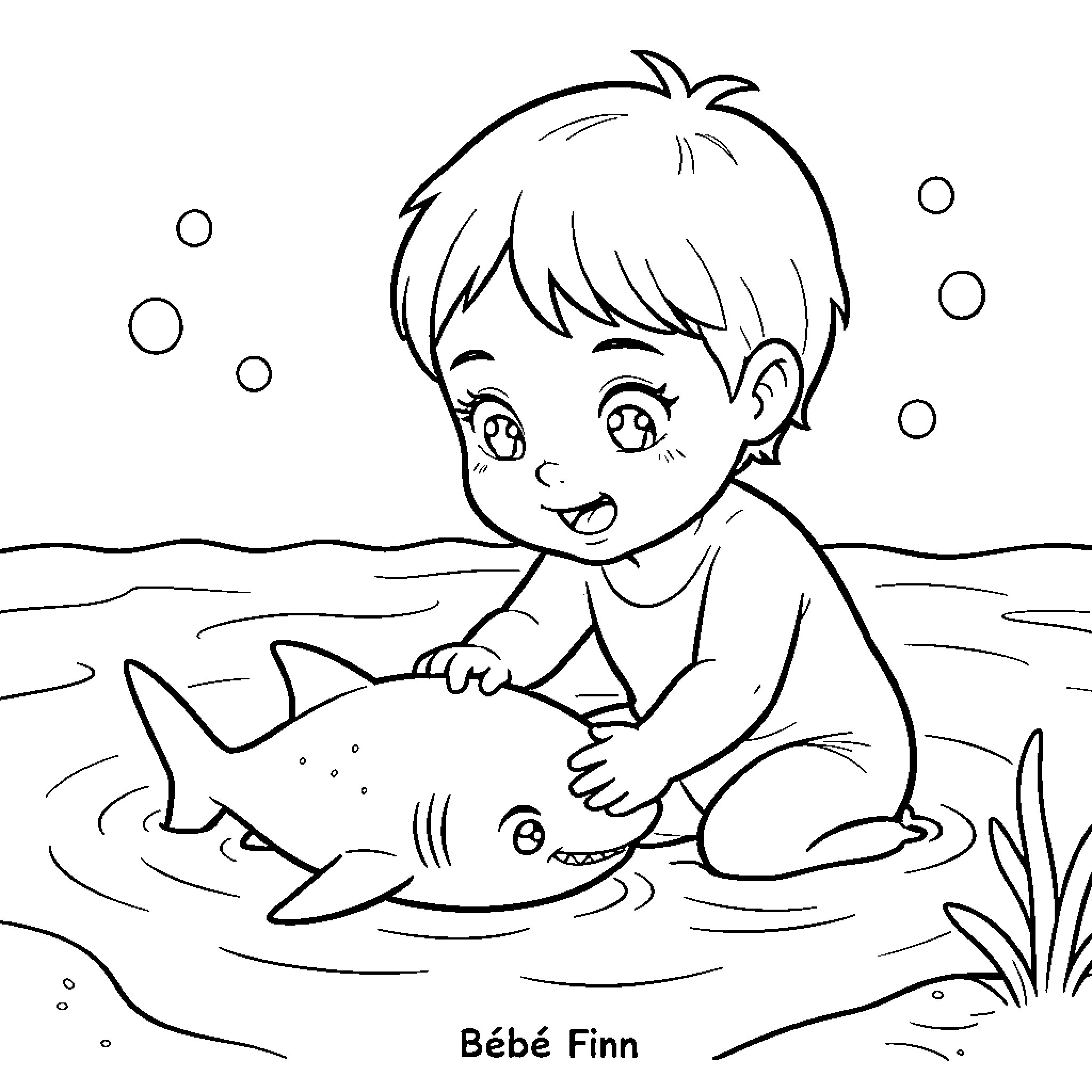 Bebe Finn playing with a friendly dolphin in water Coloring Page (free black-and-white line drawing printable PDF for all, from beginners to advanced learners, including children, teens, adults, and seniors)
