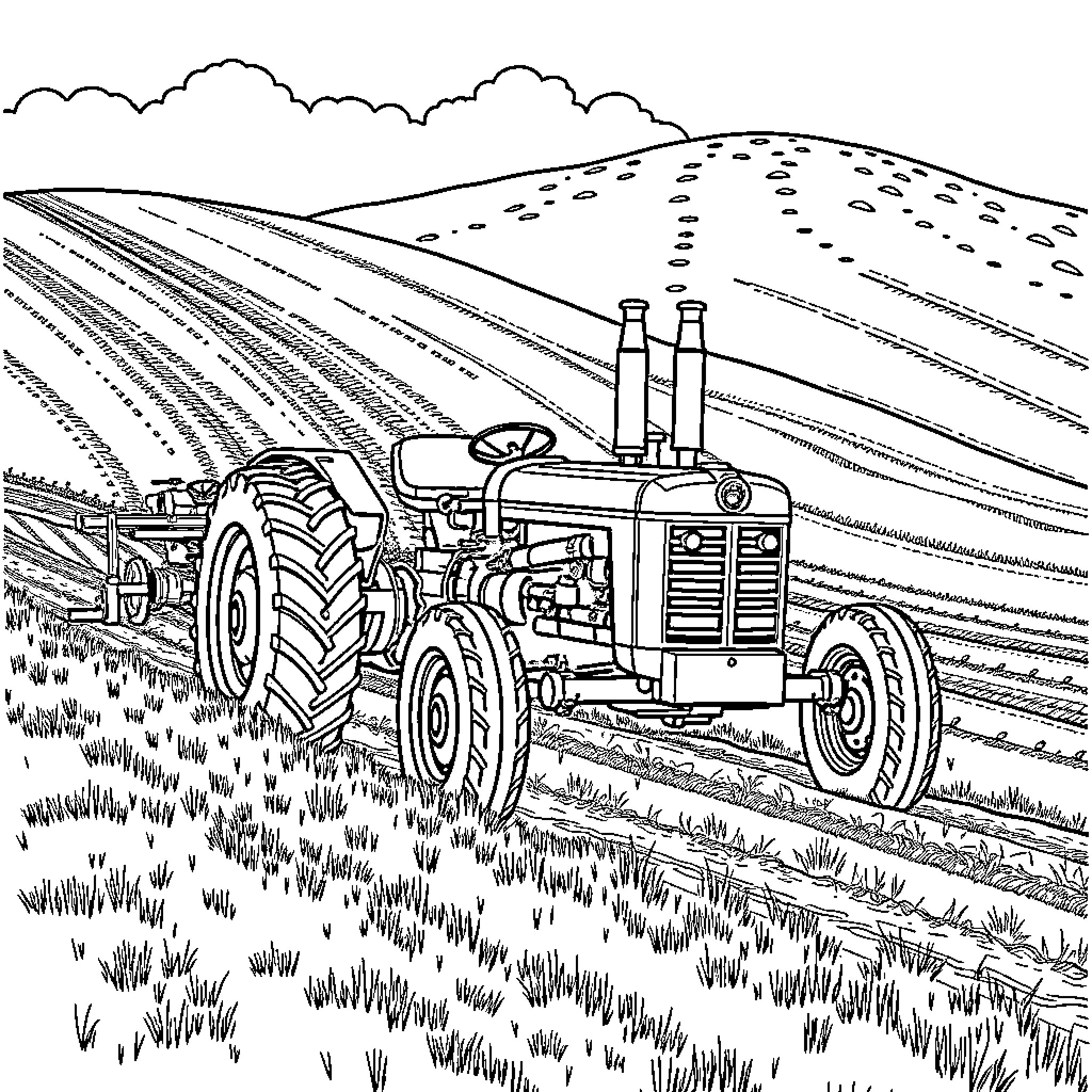 Allis Chalmers tractor plowing the fields Coloring Page (free black-and-white line drawing printable PDF for all, from beginners to advanced learners, including children, teens, adults, and seniors)