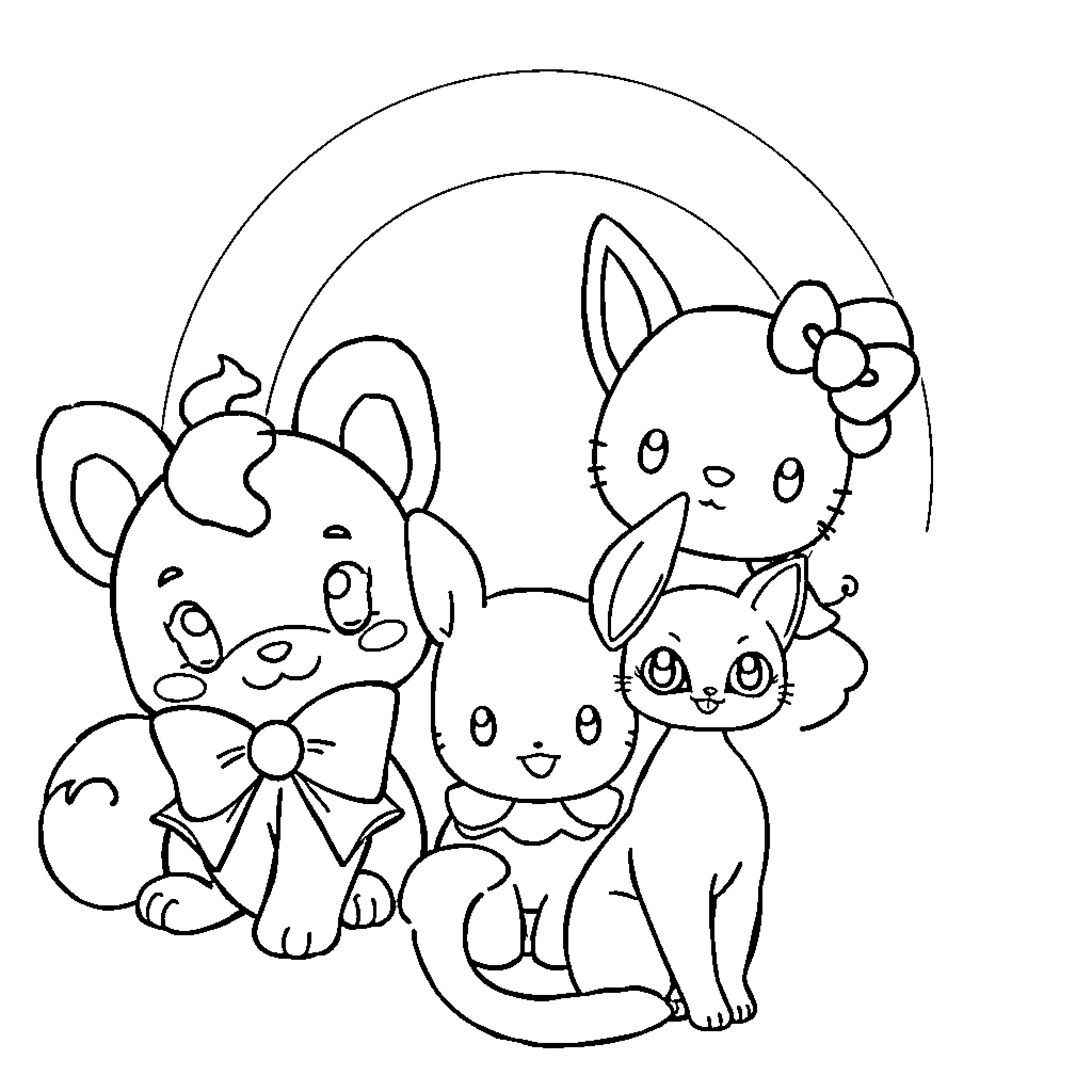 Character Cartoon Cats with Bows Coloring Page (free black-and-white line drawing printable PDF for all, from beginners to advanced learners, including children, teens, adults, and seniors)