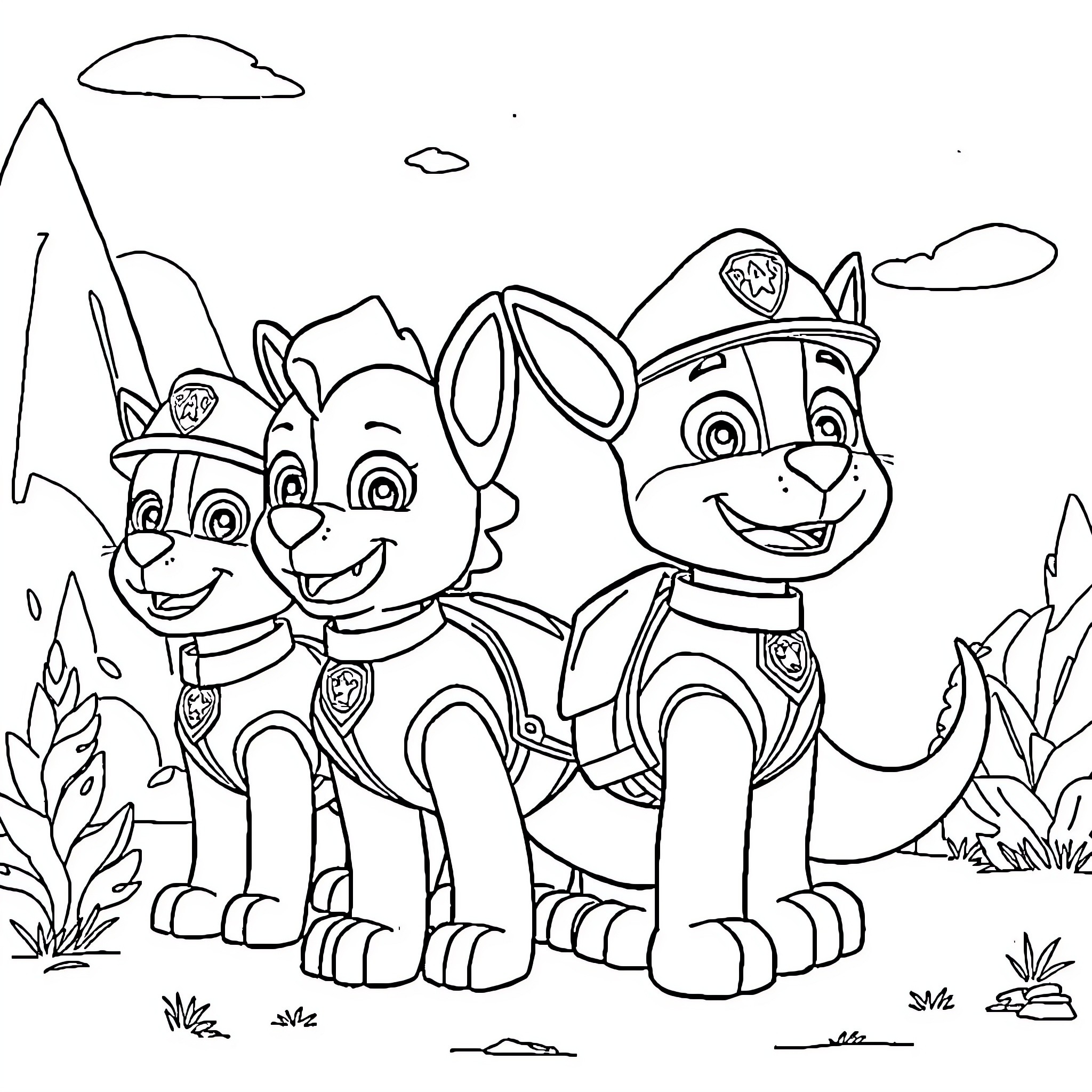 Dinosaur pups in playful adventure Coloring Page (free black-and-white line drawing printable PDF for all, from beginners to advanced learners, including children, teens, adults, and seniors)