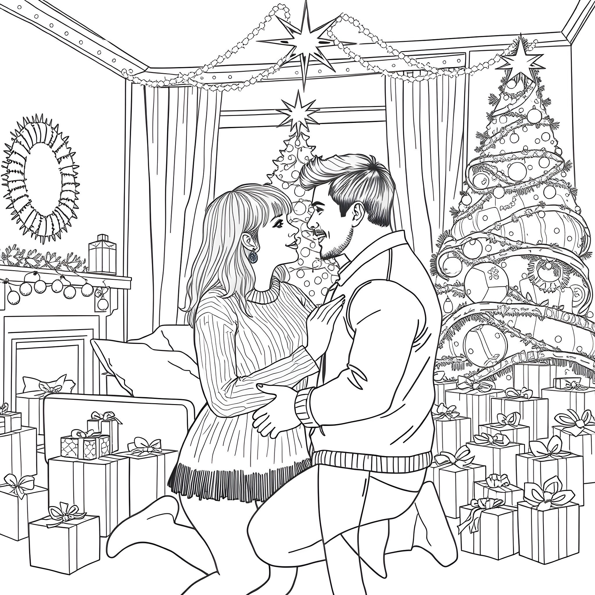 Taylor Swift's Romantic Christmas Celebration Coloring Page (free black-and-white line drawing printable PDF for all, from beginners to advanced learners, including children, teens, adults, and seniors)