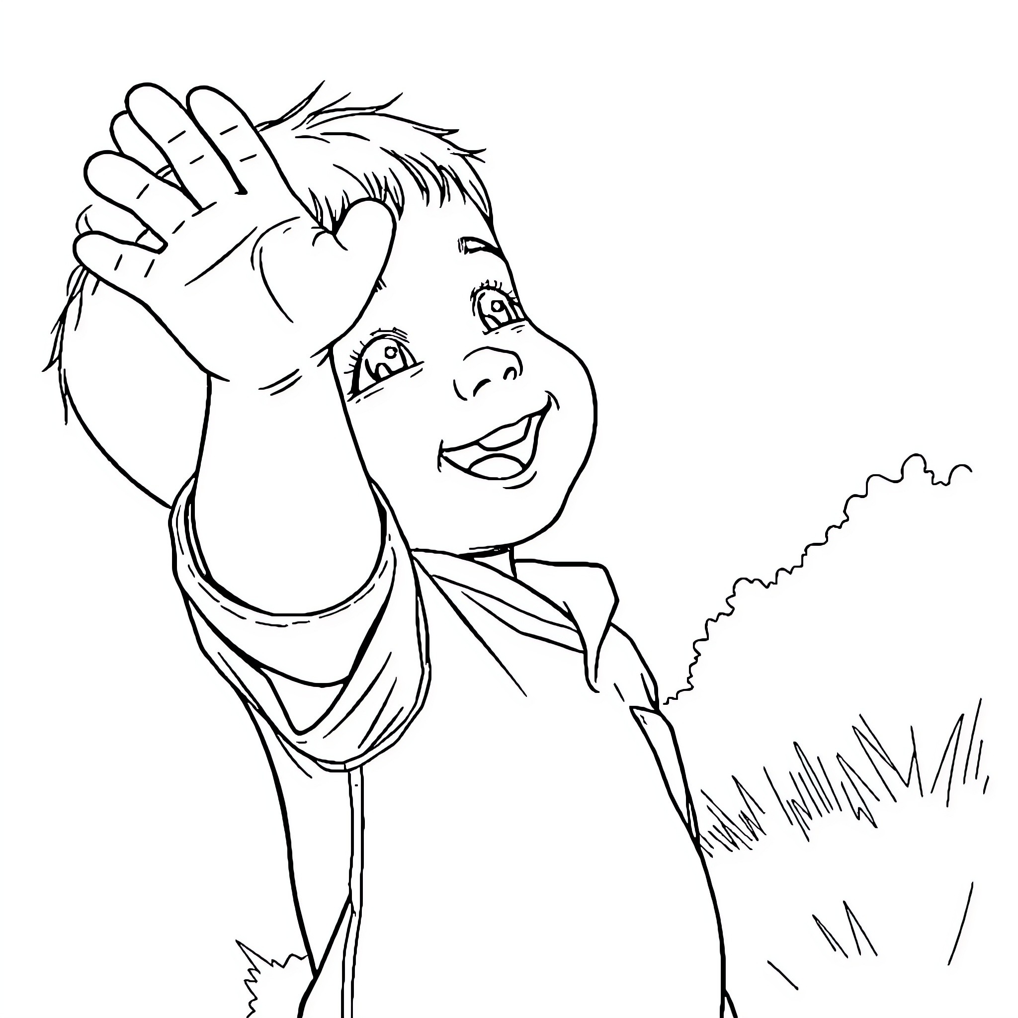 Niño waving happily in the field Coloring Page (free black-and-white line drawing printable PDF for all, from beginners to advanced learners, including children, teens, adults, and seniors)