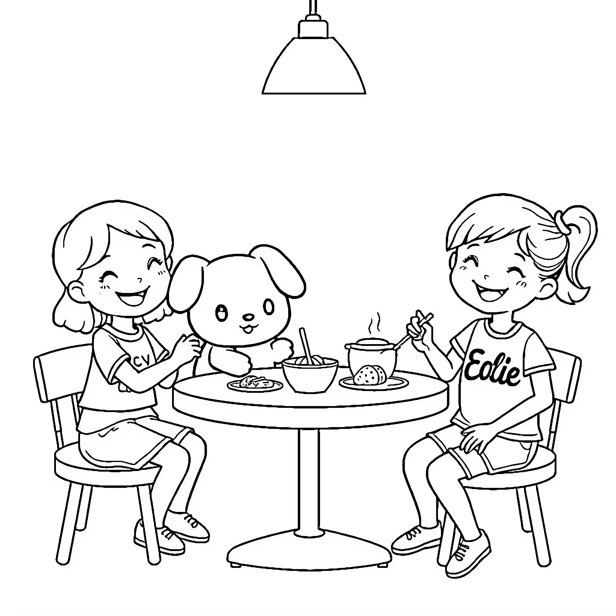 Cinnamoroll enjoying treats with friends Coloring Page (free black-and-white line drawing printable PDF for all, from beginners to advanced learners, including children, teens, adults, and seniors)
