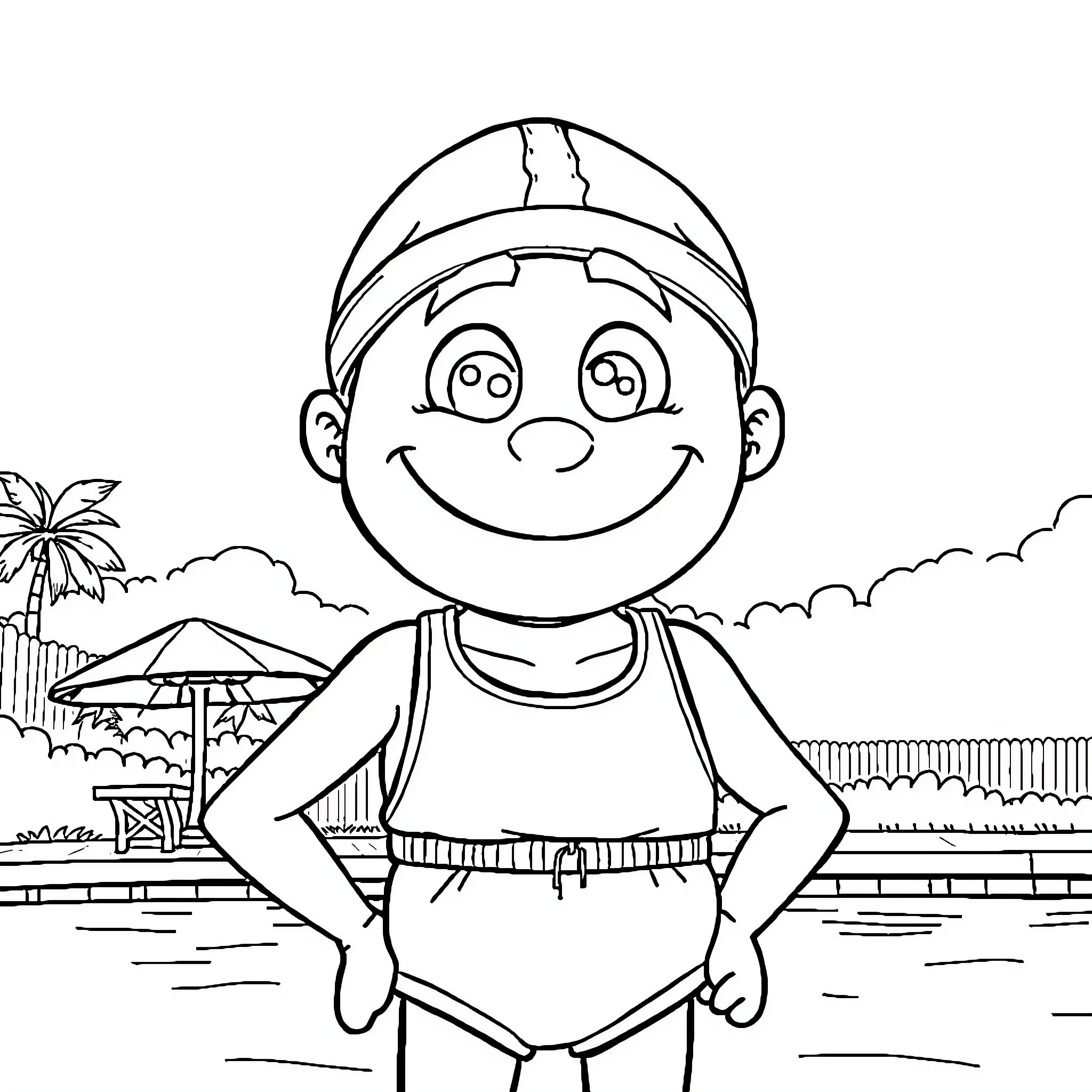 Smiley Face Having Fun at the Beach Coloring Page (free black-and-white line drawing printable PDF for all, from beginners to advanced learners, including children, teens, adults, and seniors)