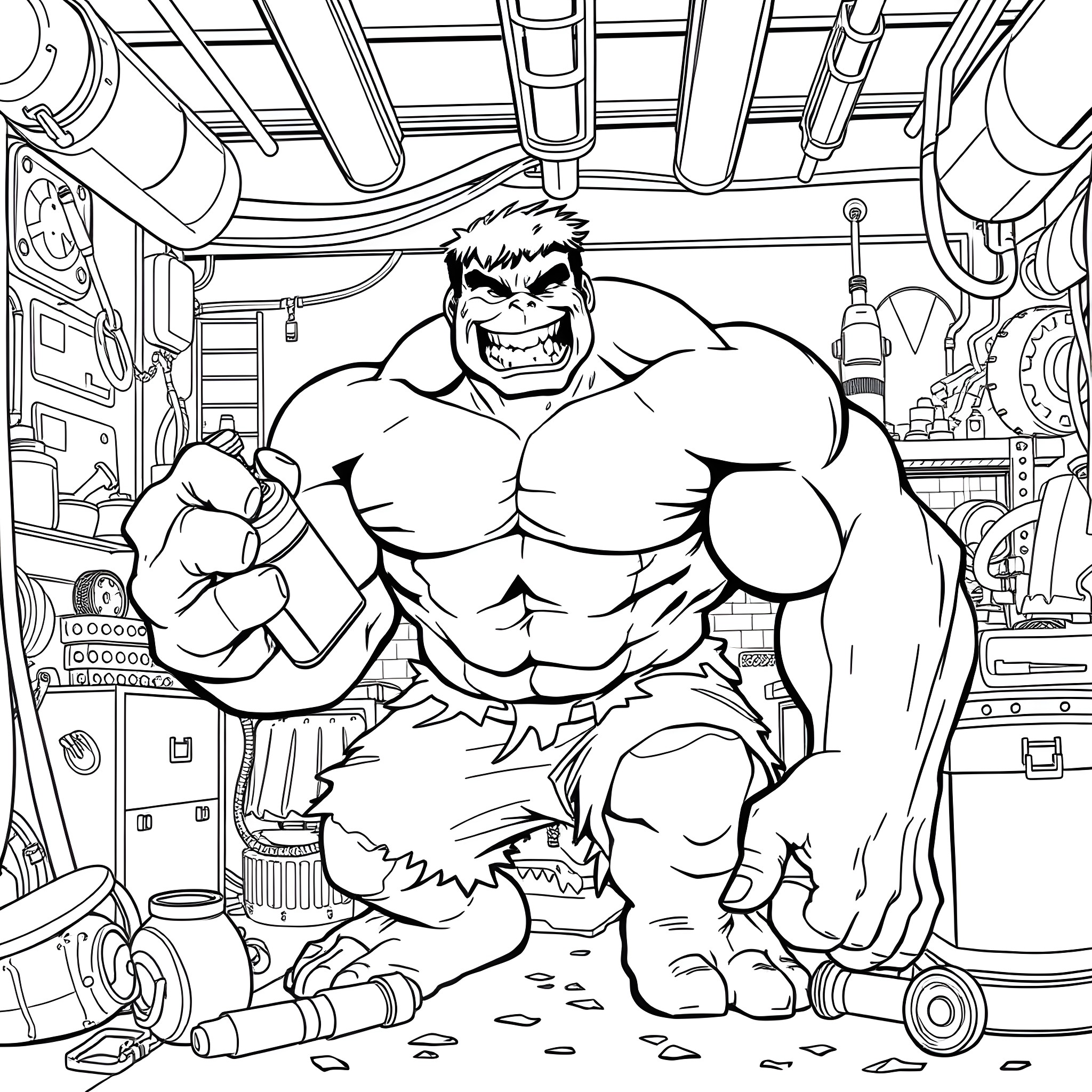 Hulk smashing through a laboratory setting Coloring Page (free black-and-white line drawing printable PDF for all, from beginners to advanced learners, including children, teens, adults, and seniors)