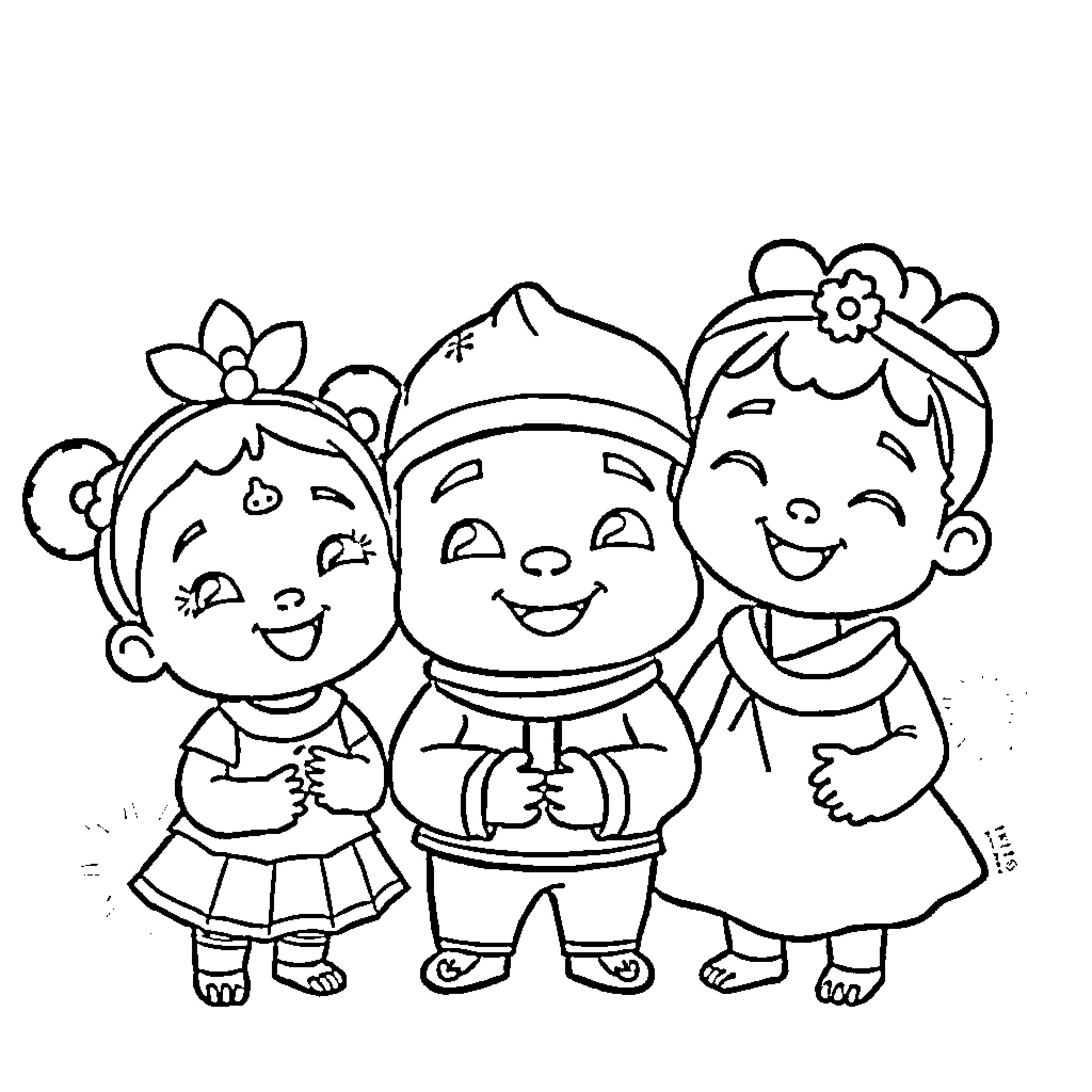 Labubu's Joyful Friends in Whimsical Outfits Coloring Page (free black-and-white line drawing printable PDF for all, from beginners to advanced learners, including children, teens, adults, and seniors)