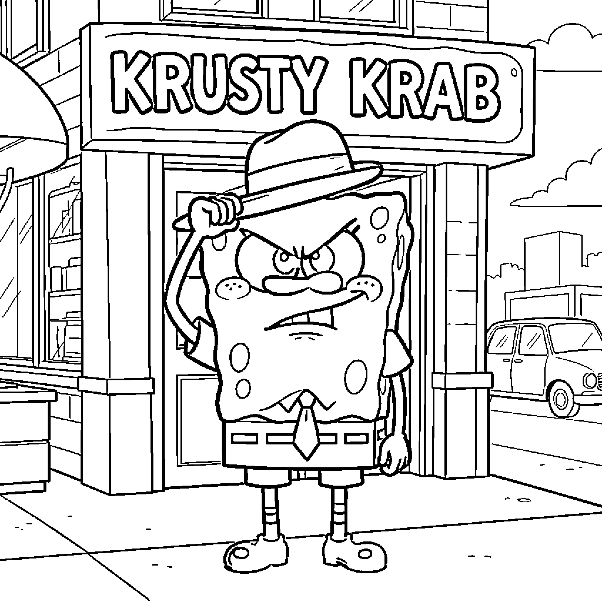 Spongebob wearing a hat with a grumpy expression Coloring Page (free black-and-white line drawing printable PDF for all, from beginners to advanced learners, including children, teens, adults, and seniors)