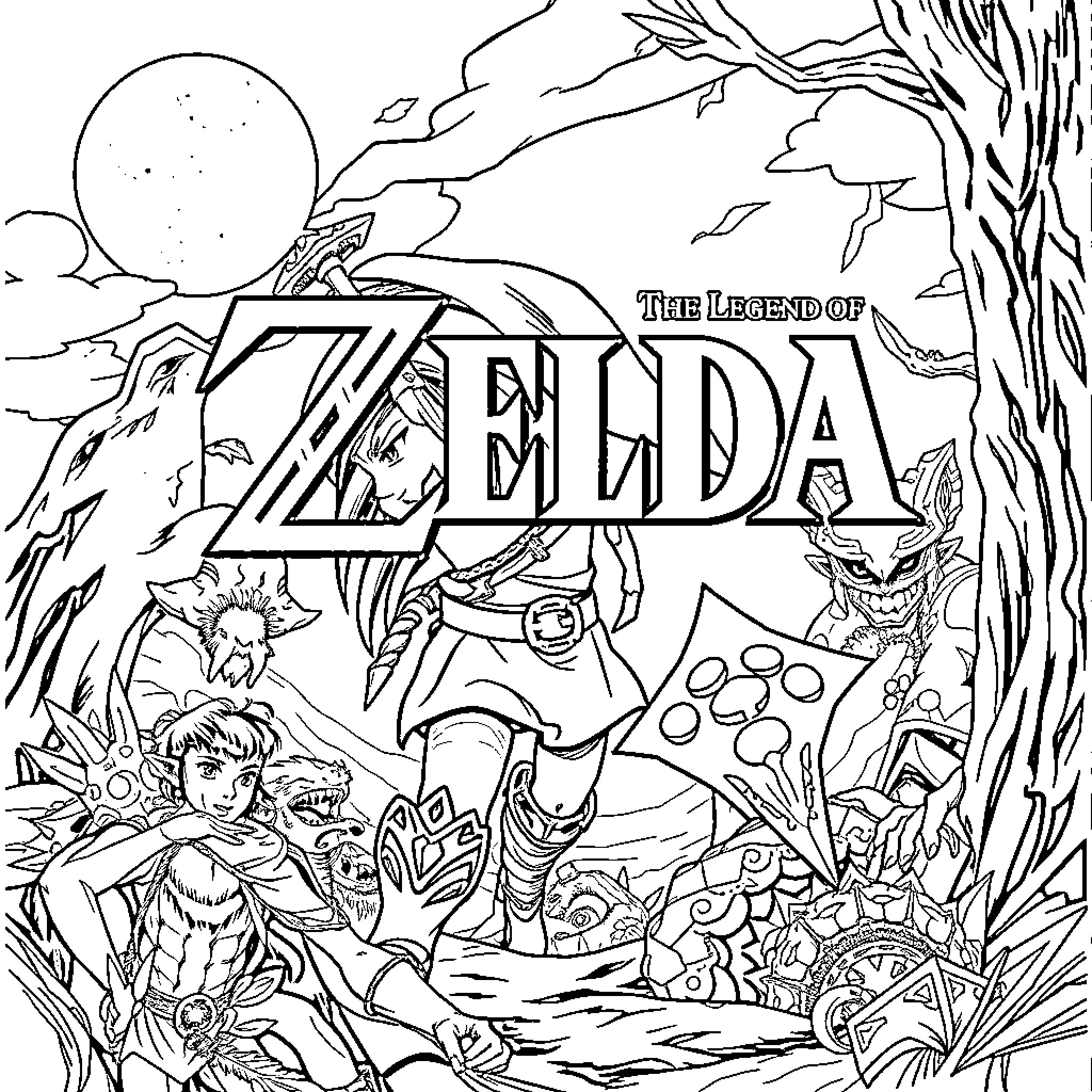 Legend of Zelda: Characters and Scenes from the Adventure Coloring Page (free black-and-white line drawing printable PDF for all, from beginners to advanced learners, including children, teens, adults, and seniors)