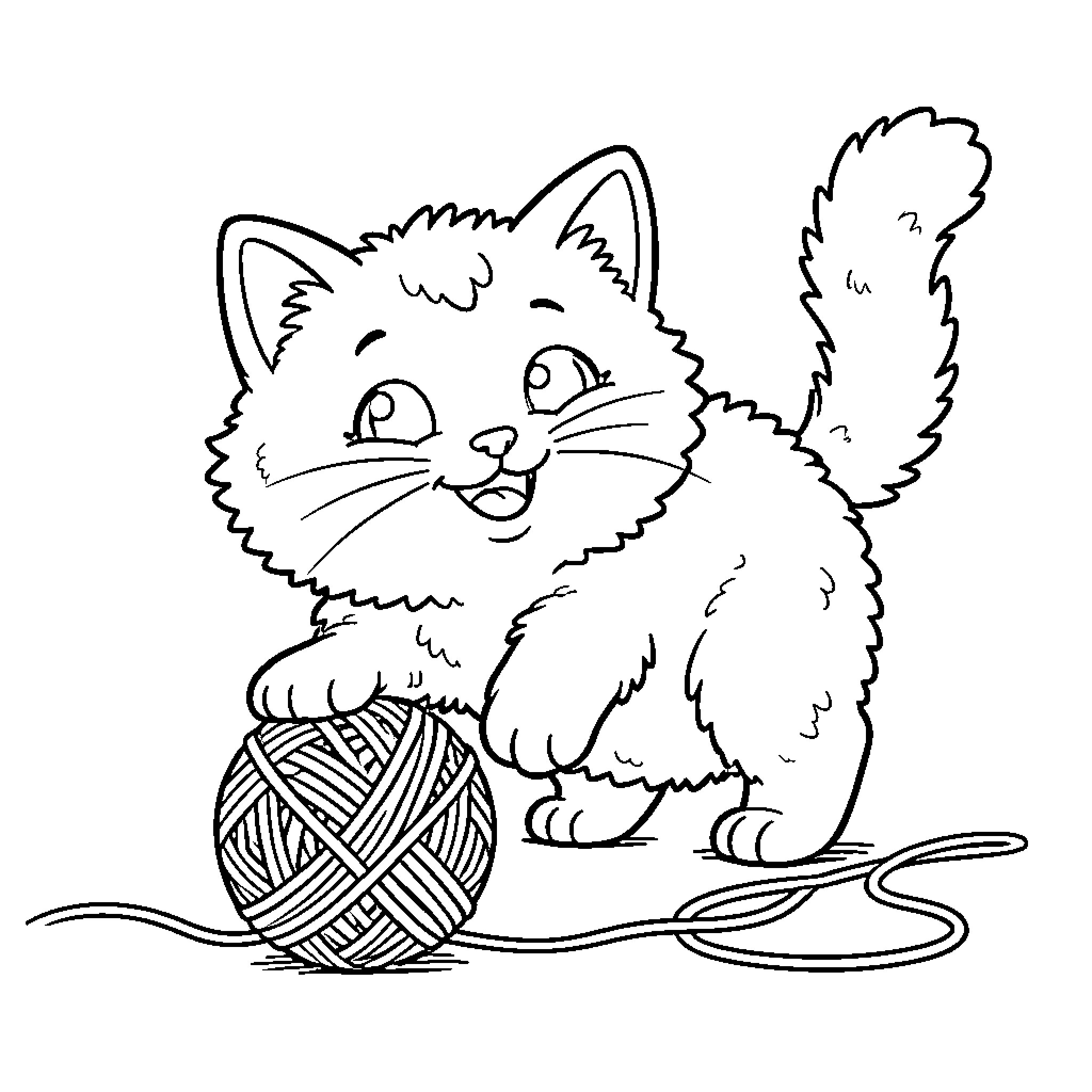 Gato playing with yarn ball Coloring Page (free black-and-white line drawing printable PDF for all, from beginners to advanced learners, including children, teens, adults, and seniors)