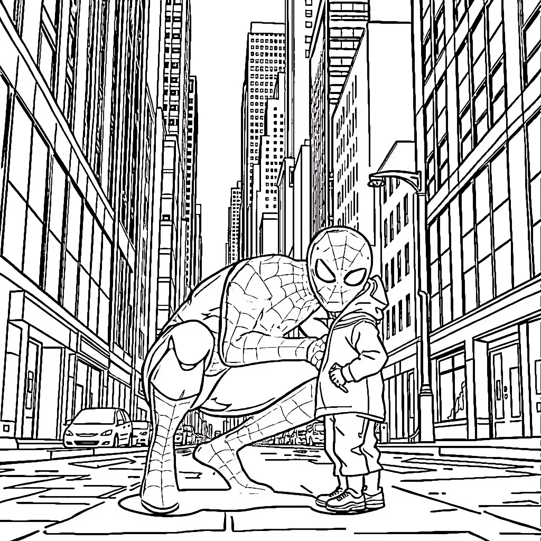 Spiderman fighting crime in the city streets Coloring Page (free black-and-white line drawing printable PDF for all, from beginners to advanced learners, including children, teens, adults, and seniors)