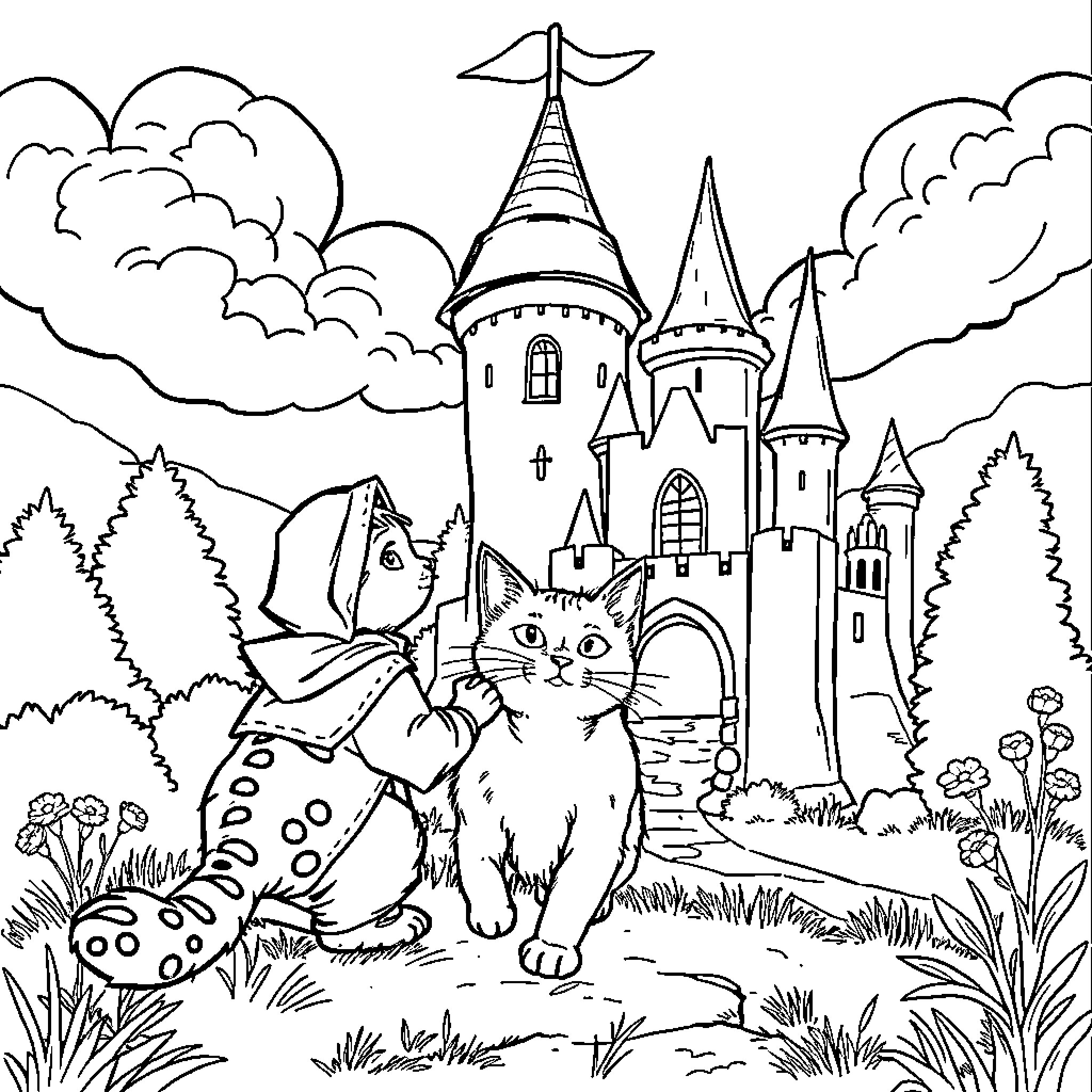 Cat exploring a magical castle and garden Coloring Page (free black-and-white line drawing printable PDF for all, from beginners to advanced learners, including children, teens, adults, and seniors)