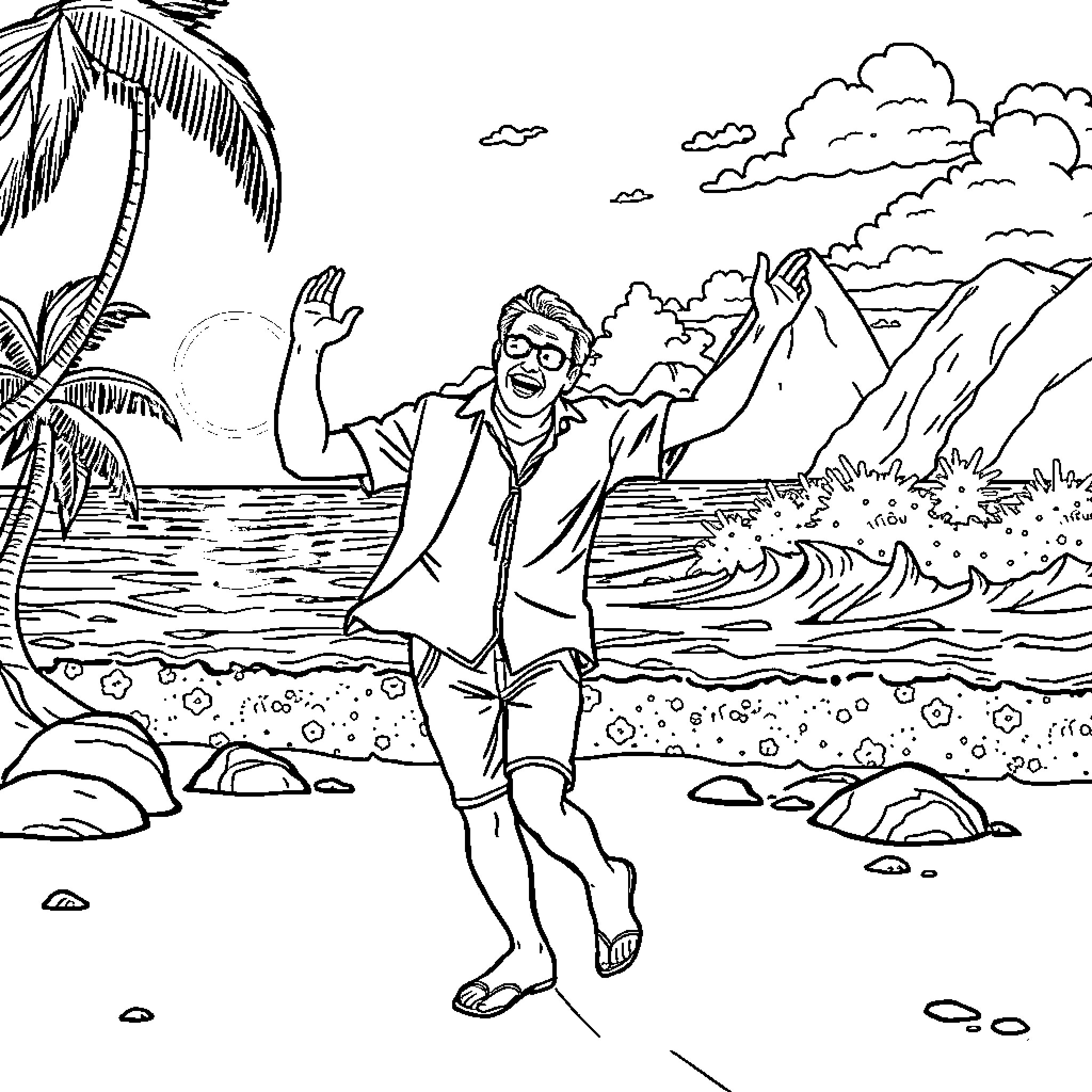 David Tomberlin enjoying the beach and ocean landscape Coloring Page (free black-and-white line drawing printable PDF for all, from beginners to advanced learners, including children, teens, adults, and seniors)