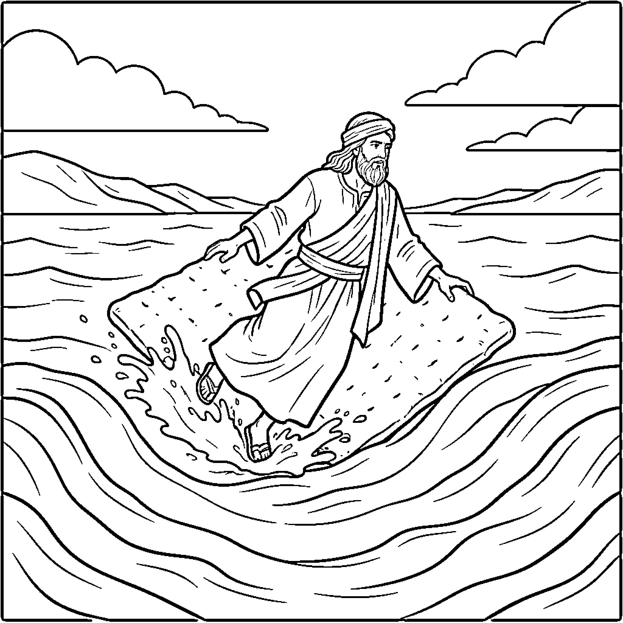 Moses parting the Red Sea in biblical scene Coloring Page (free black-and-white line drawing printable PDF for all, from beginners to advanced learners, including children, teens, adults, and seniors)