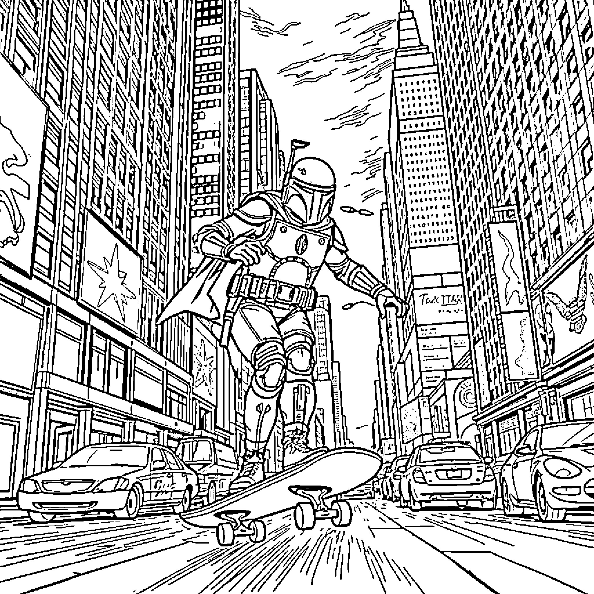 Boba Fett navigates the bustling city streets Coloring Page (free black-and-white line drawing printable PDF for all, from beginners to advanced learners, including children, teens, adults, and seniors)