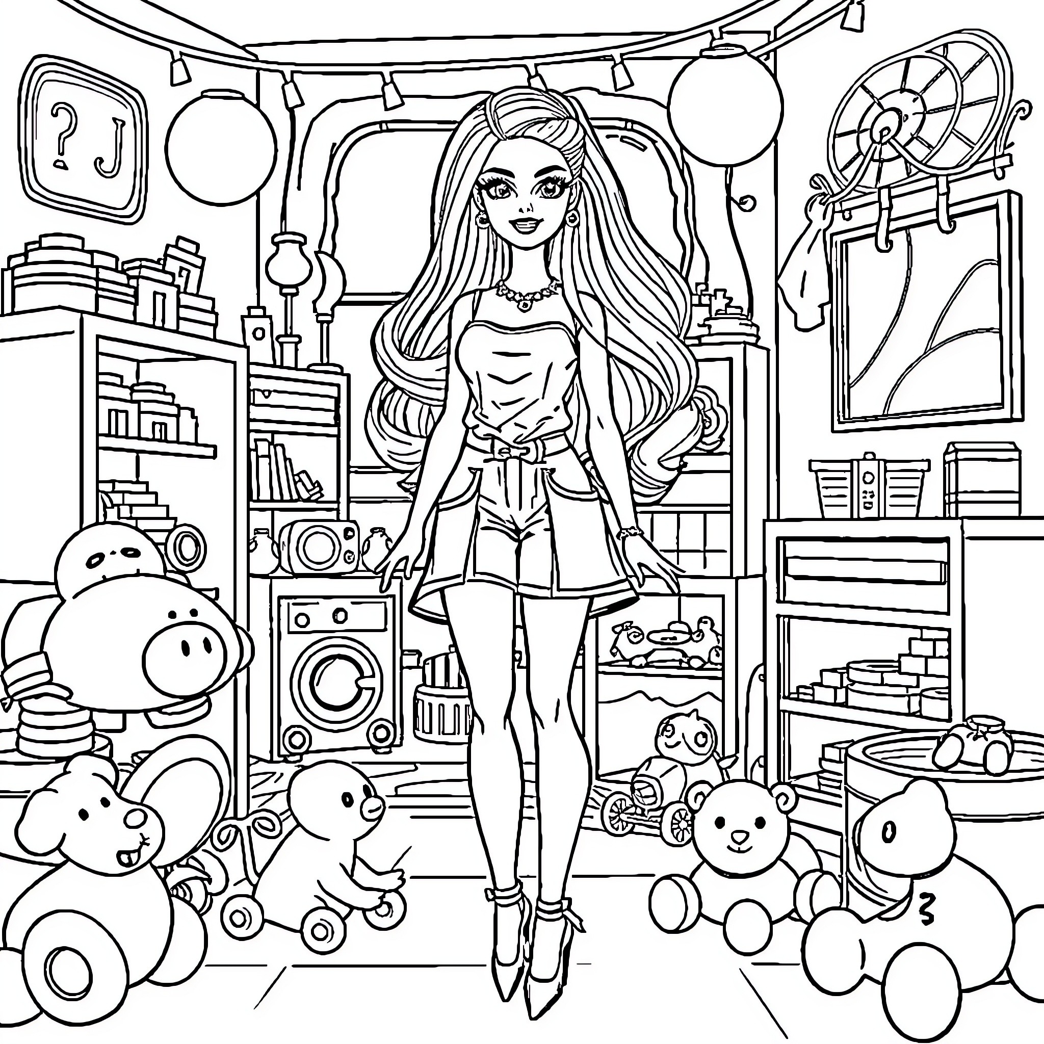 Barbie in her stylish bedroom surrounded by toys Coloring Page (free black-and-white line drawing printable PDF for all, from beginners to advanced learners, including children, teens, adults, and seniors)