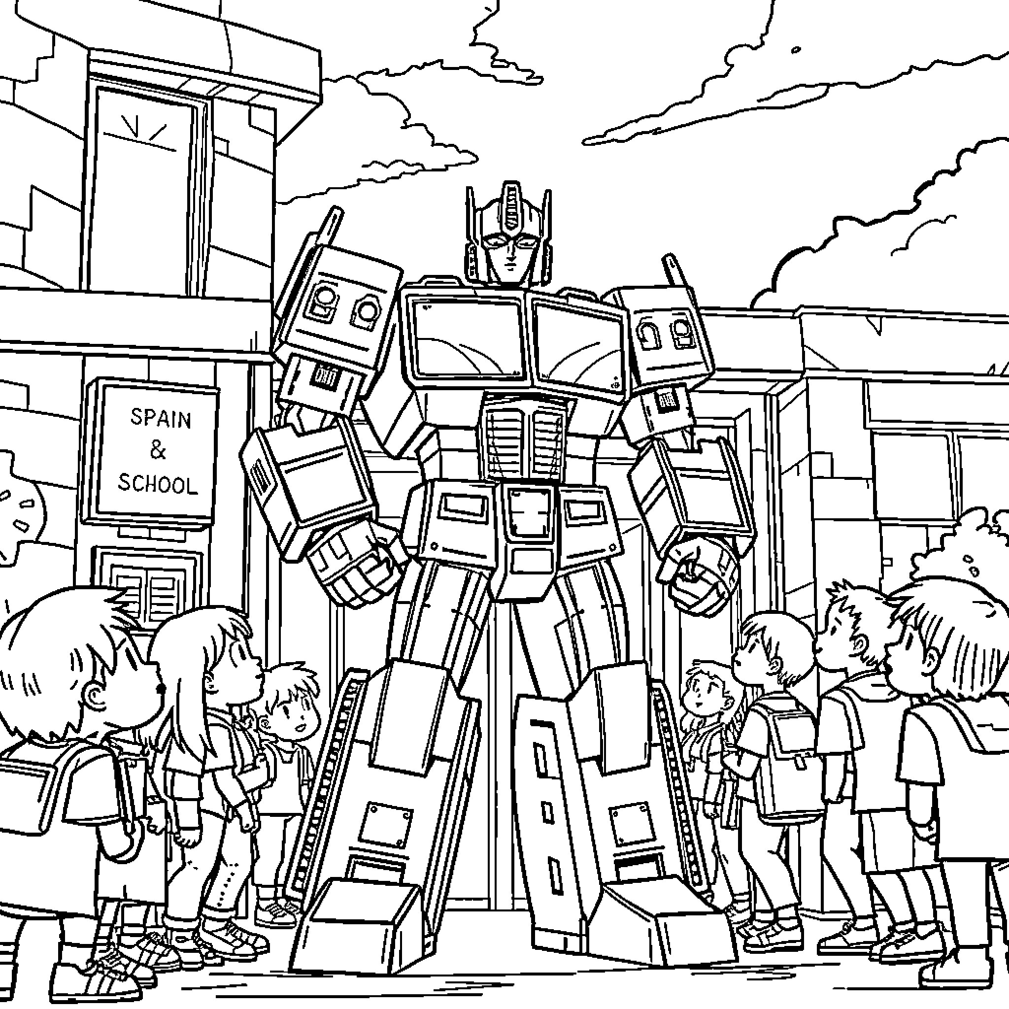 Optimus Prime protecting children at school Coloring Page (free black-and-white line drawing printable PDF for all, from beginners to advanced learners, including children, teens, adults, and seniors)