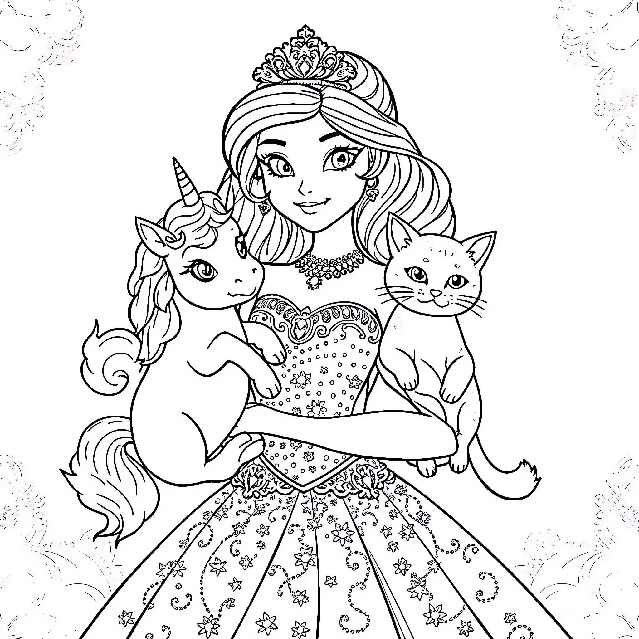 Princess and her Magical Unicorn and Kittens Coloring Page (free black-and-white line drawing printable PDF for all, from beginners to advanced learners, including children, teens, adults, and seniors)