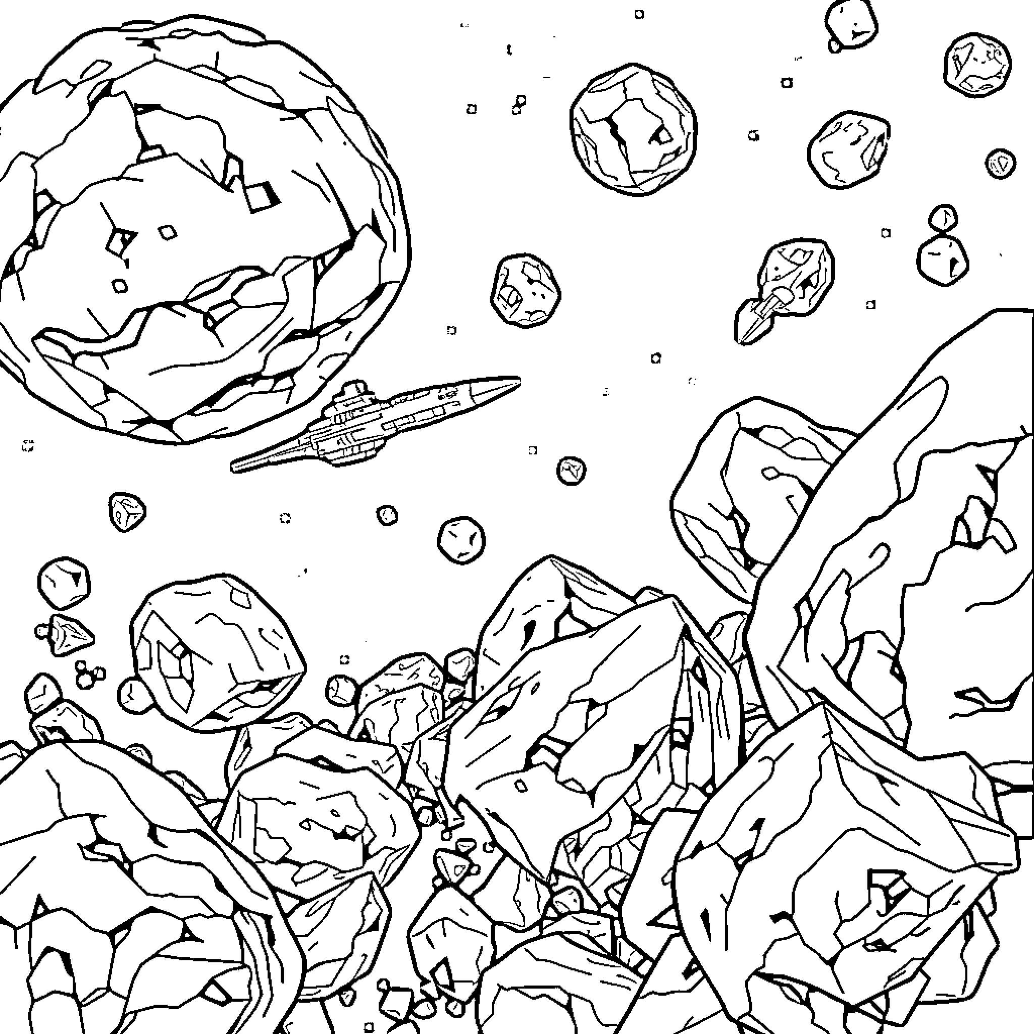 Space Ship Navigating Asteroid Field Coloring Page (free black-and-white line drawing printable PDF for all, from beginners to advanced learners, including children, teens, adults, and seniors)