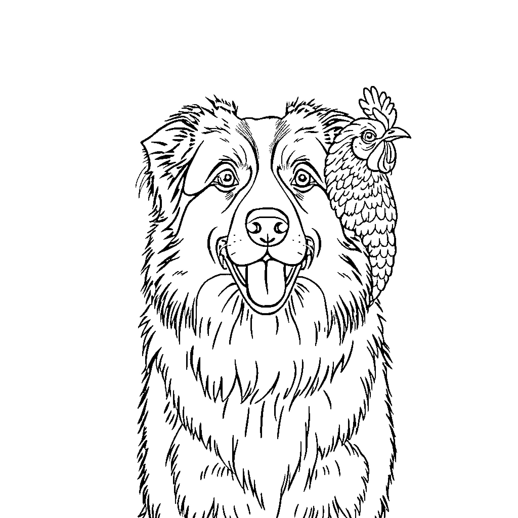 Australian Shepherd Smiling with Parrot Companion Coloring Page (free black-and-white line drawing printable PDF for all, from beginners to advanced learners, including children, teens, adults, and seniors)