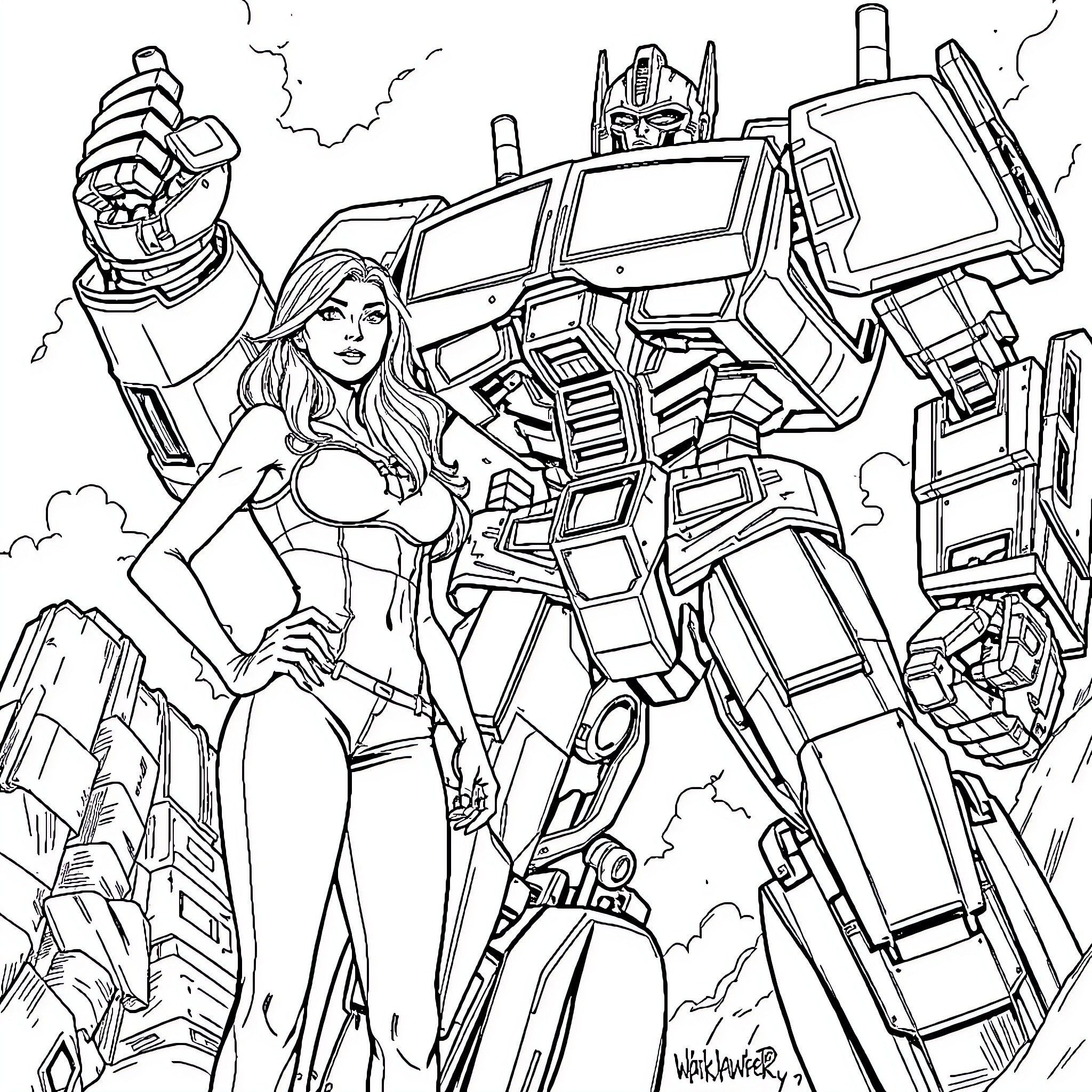 Megan Fox as fierce female warrior with powerful robot in action scene Coloring Page (free black-and-white line drawing printable PDF for all, from beginners to advanced learners, including children, teens, adults, and seniors)
