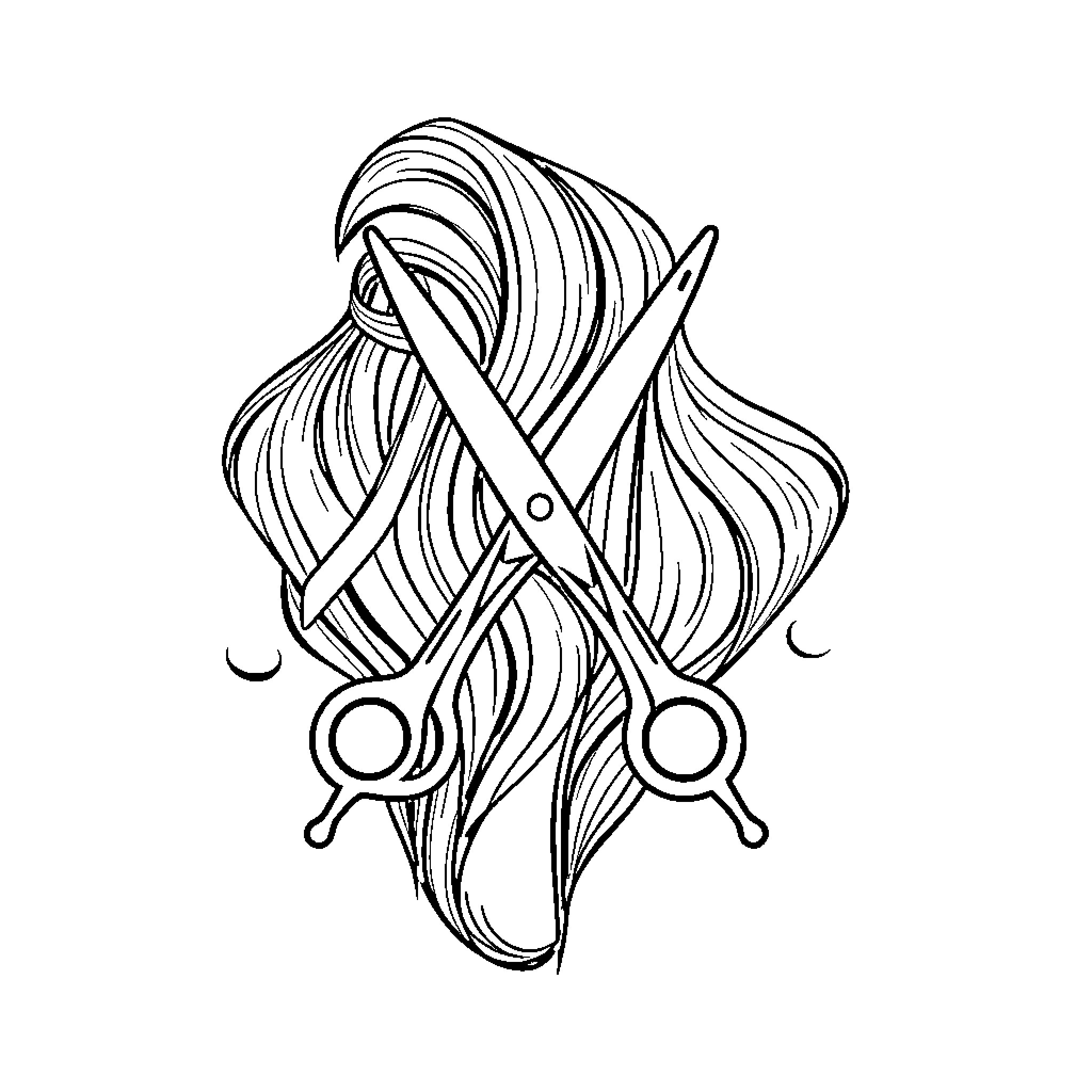 Logo for hairstylist with flowing hair and scissors Coloring Page (free black-and-white line drawing printable PDF for all, from beginners to advanced learners, including children, teens, adults, and seniors)