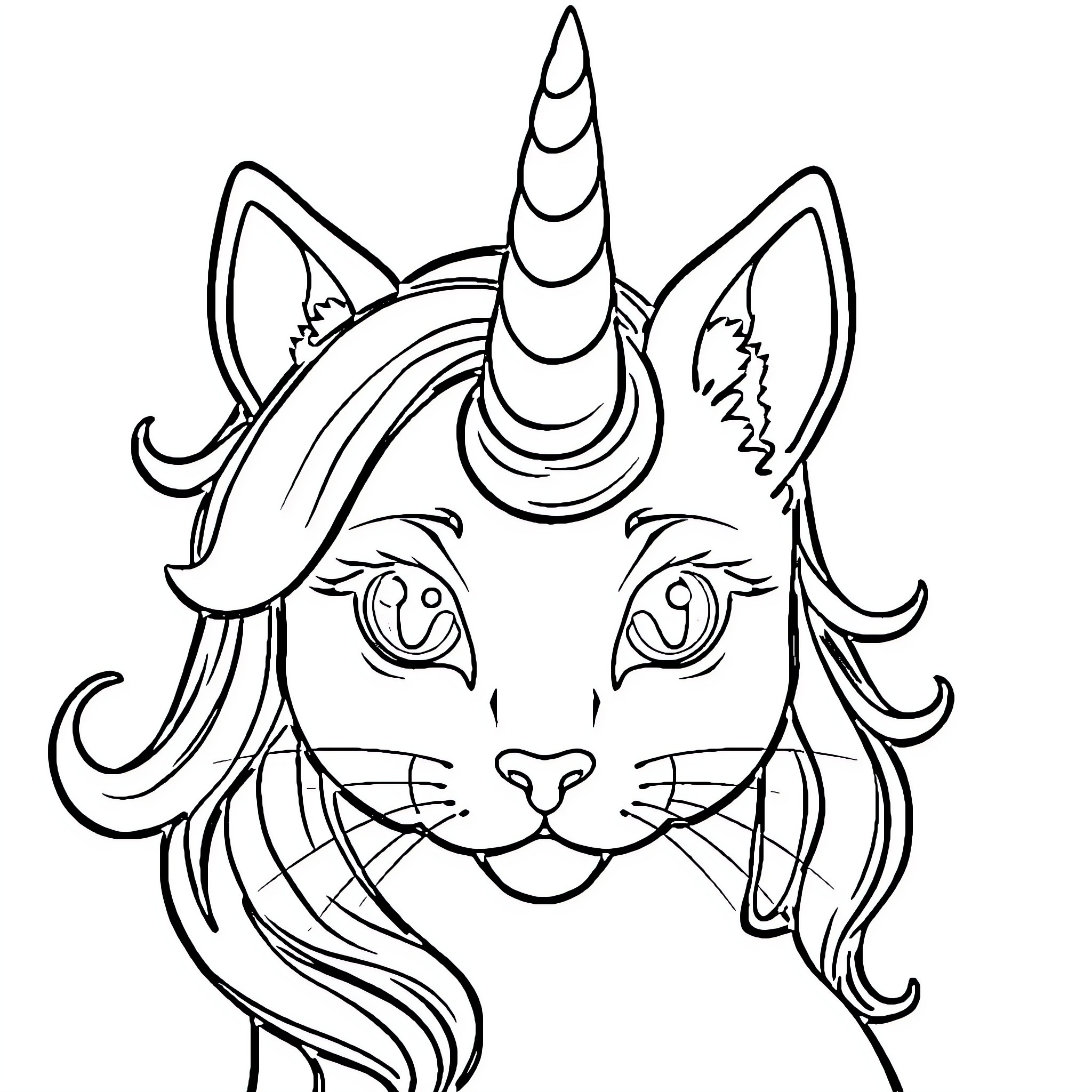 Unicorn Cat with whimsical horn and expressive features Coloring Page (free black-and-white line drawing printable PDF for all, from beginners to advanced learners, including children, teens, adults, and seniors)