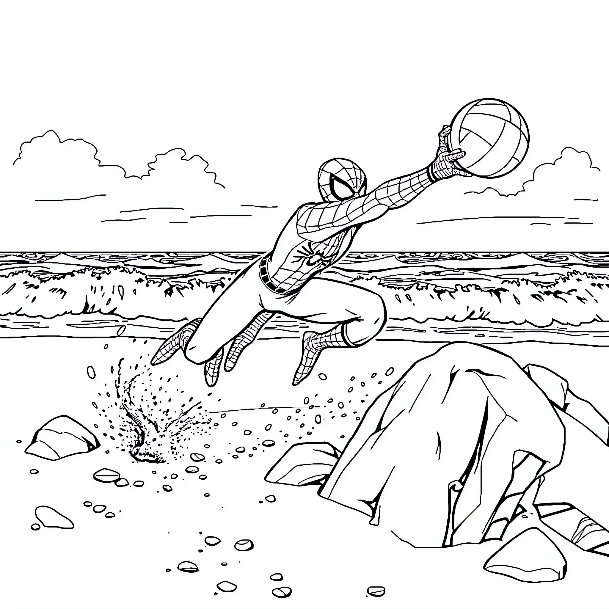 Spider-Man swinging over rocky cliffside Coloring Page (free black-and-white line drawing printable PDF for all, from beginners to advanced learners, including children, teens, adults, and seniors)