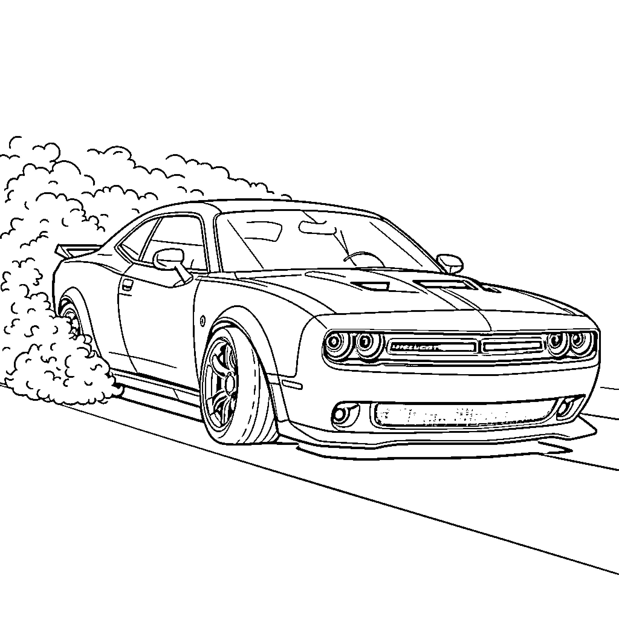 Dodge Charger racing on the road Coloring Page (free black-and-white line drawing printable PDF for all, from beginners to advanced learners, including children, teens, adults, and seniors)