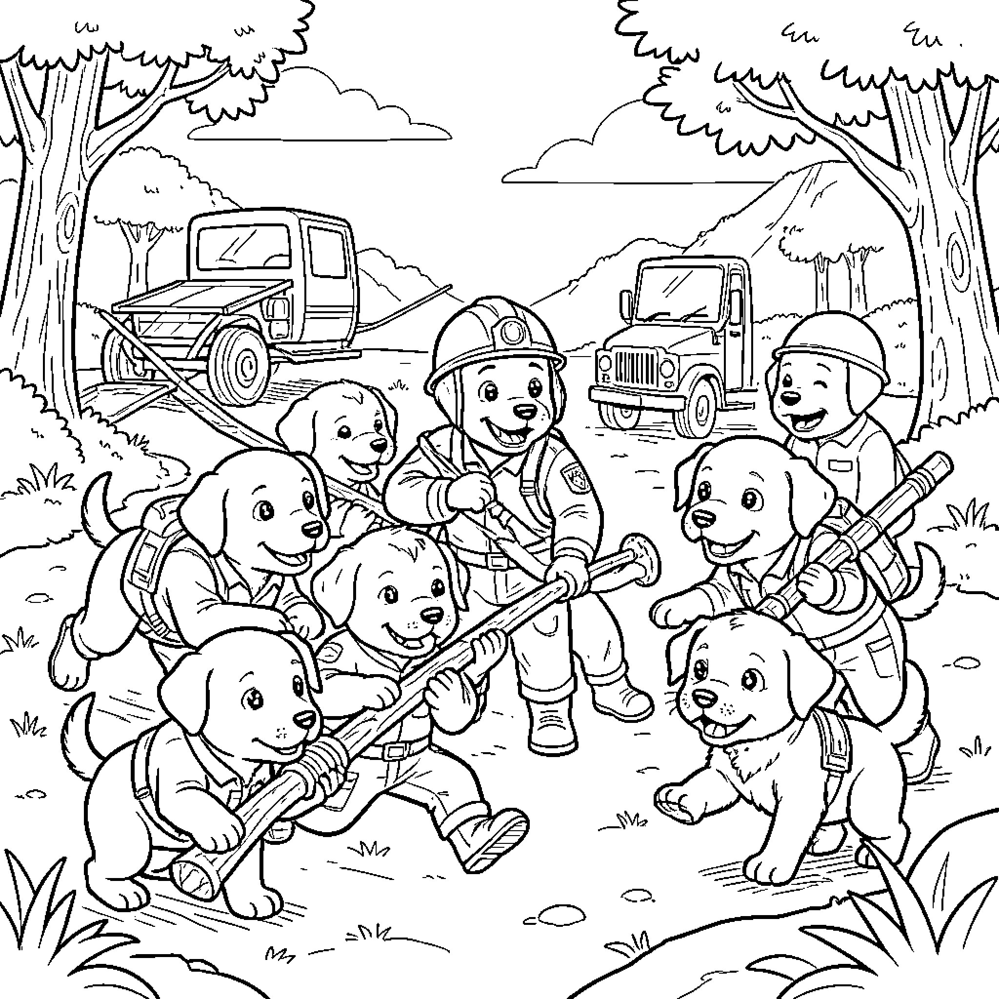 Paw Patrol pups playing together in the forest Coloring Page (free black-and-white line drawing printable PDF for all, from beginners to advanced learners, including children, teens, adults, and seniors)