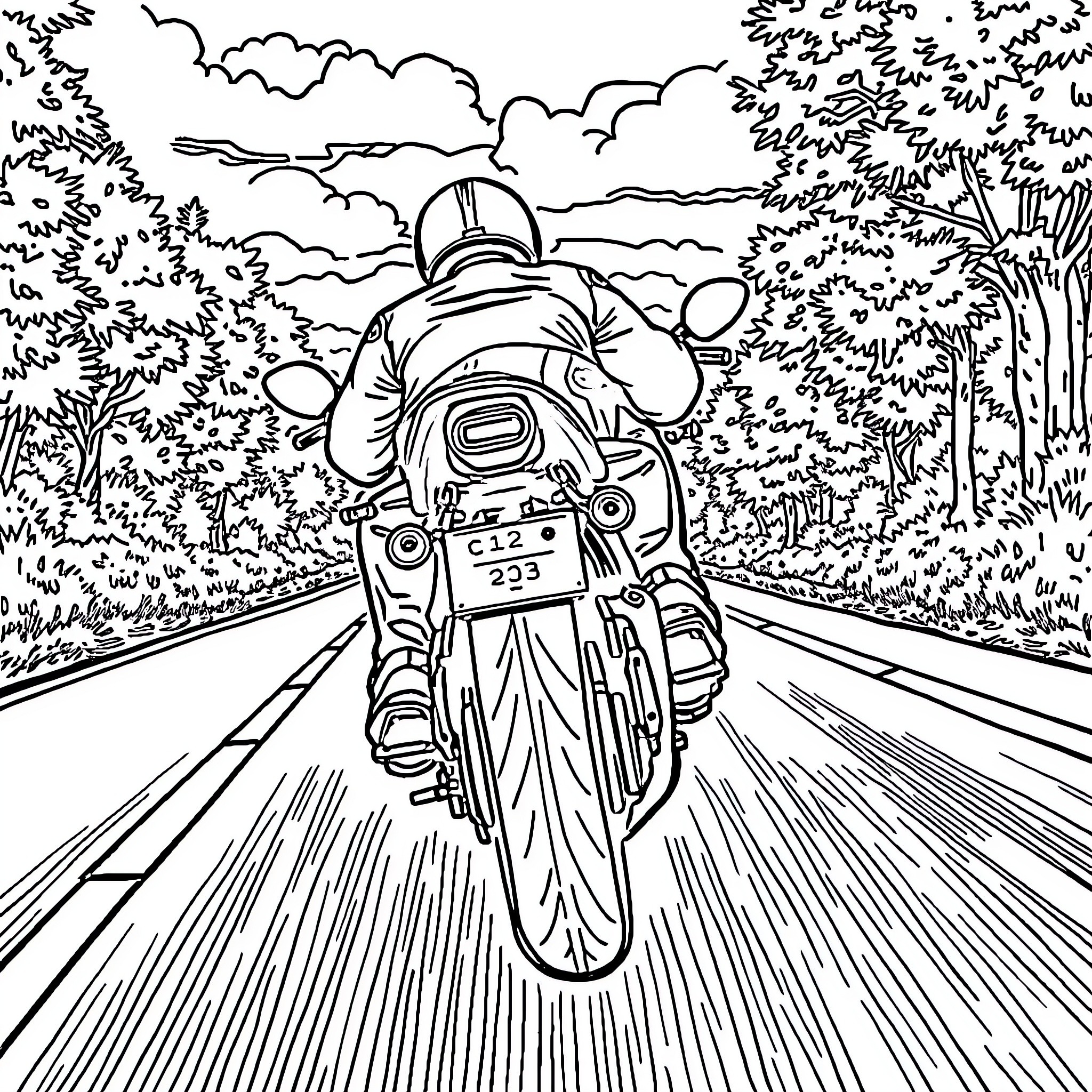 Moto Rider on a Scenic Forest Highway Coloring Page (free black-and-white line drawing printable PDF for all, from beginners to advanced learners, including children, teens, adults, and seniors)