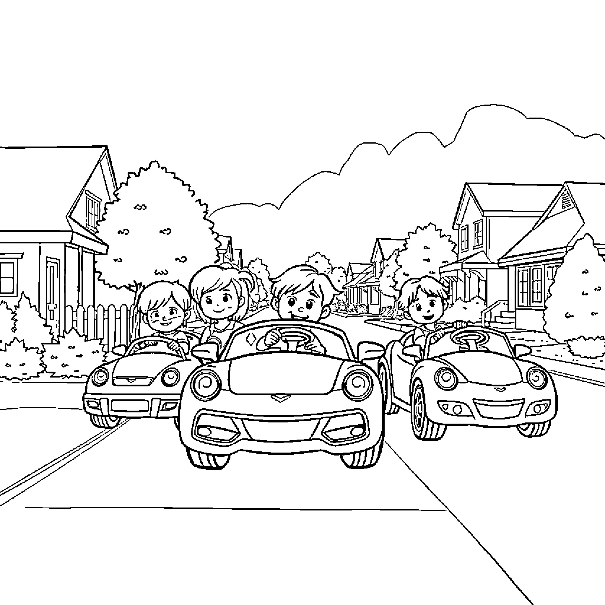 Kid driving cars on a neighborhood street Coloring Page (free black-and-white line drawing printable PDF for all, from beginners to advanced learners, including children, teens, adults, and seniors)