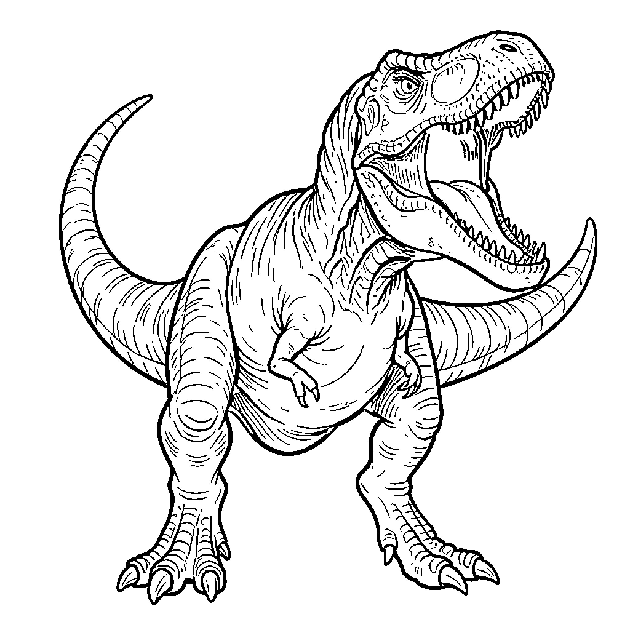 T-Rex roaring loudly with its mouth wide open Coloring Page (free black-and-white line drawing printable PDF for all, from beginners to advanced learners, including children, teens, adults, and seniors)