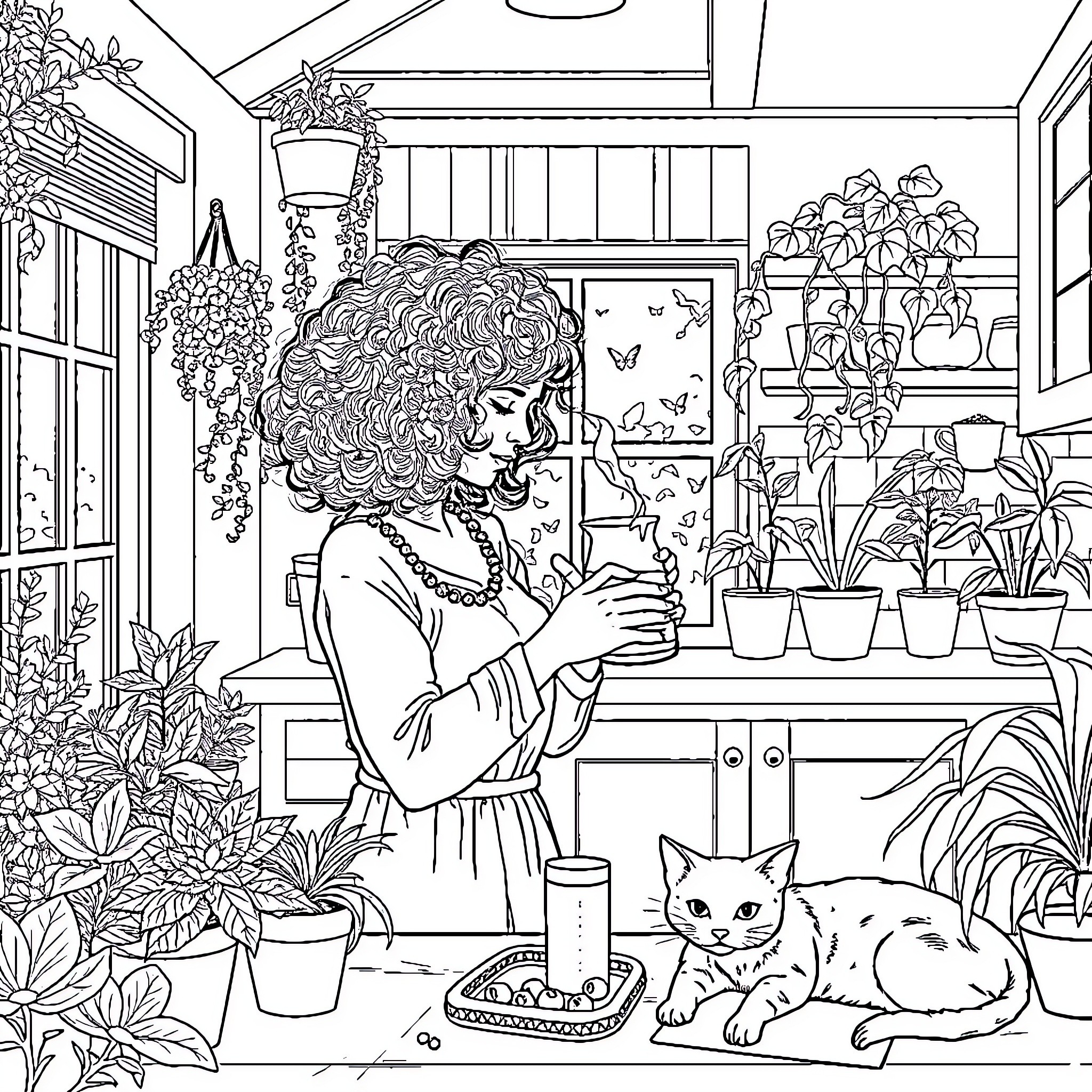 Woman enjoying a cozy indoor garden scene Coloring Page (free black-and-white line drawing printable PDF for all, from beginners to advanced learners, including children, teens, adults, and seniors)