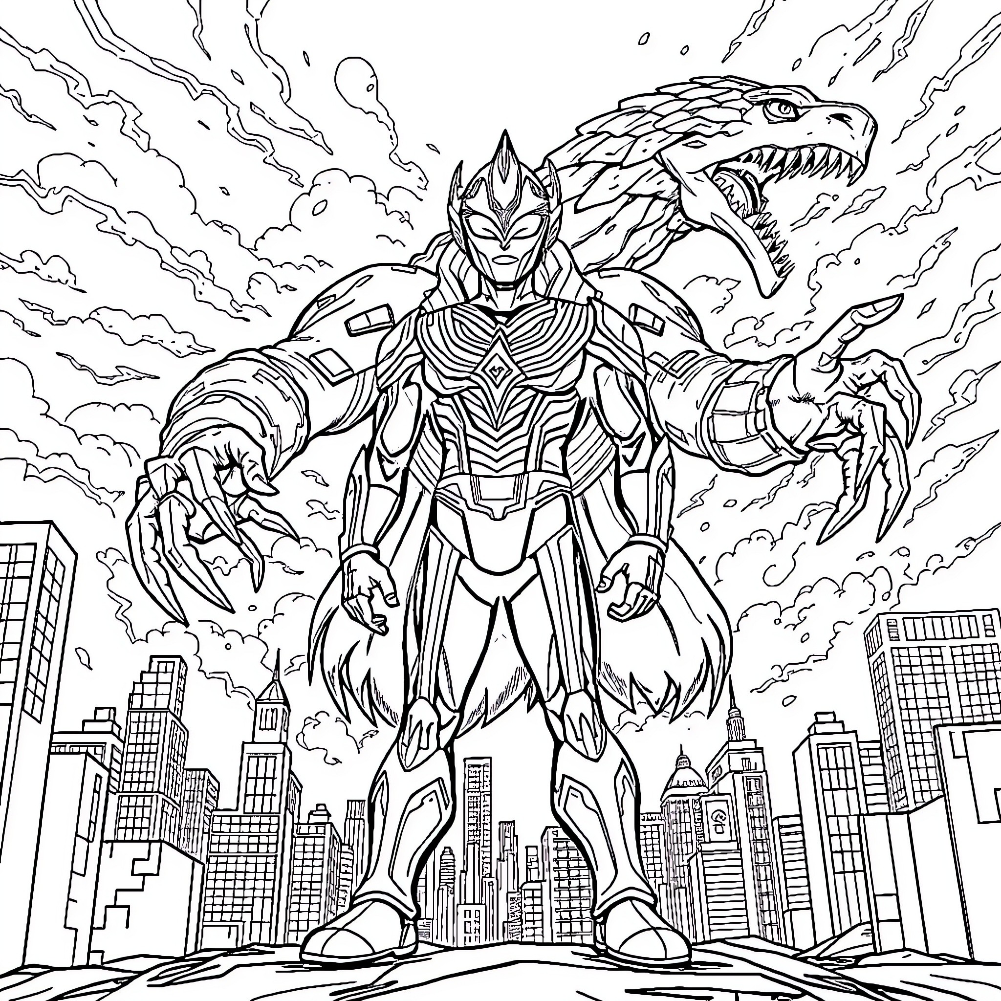 Ultraman in Epic Superhero Battle Coloring Page (free black-and-white line drawing printable PDF for all, from beginners to advanced learners, including children, teens, adults, and seniors)