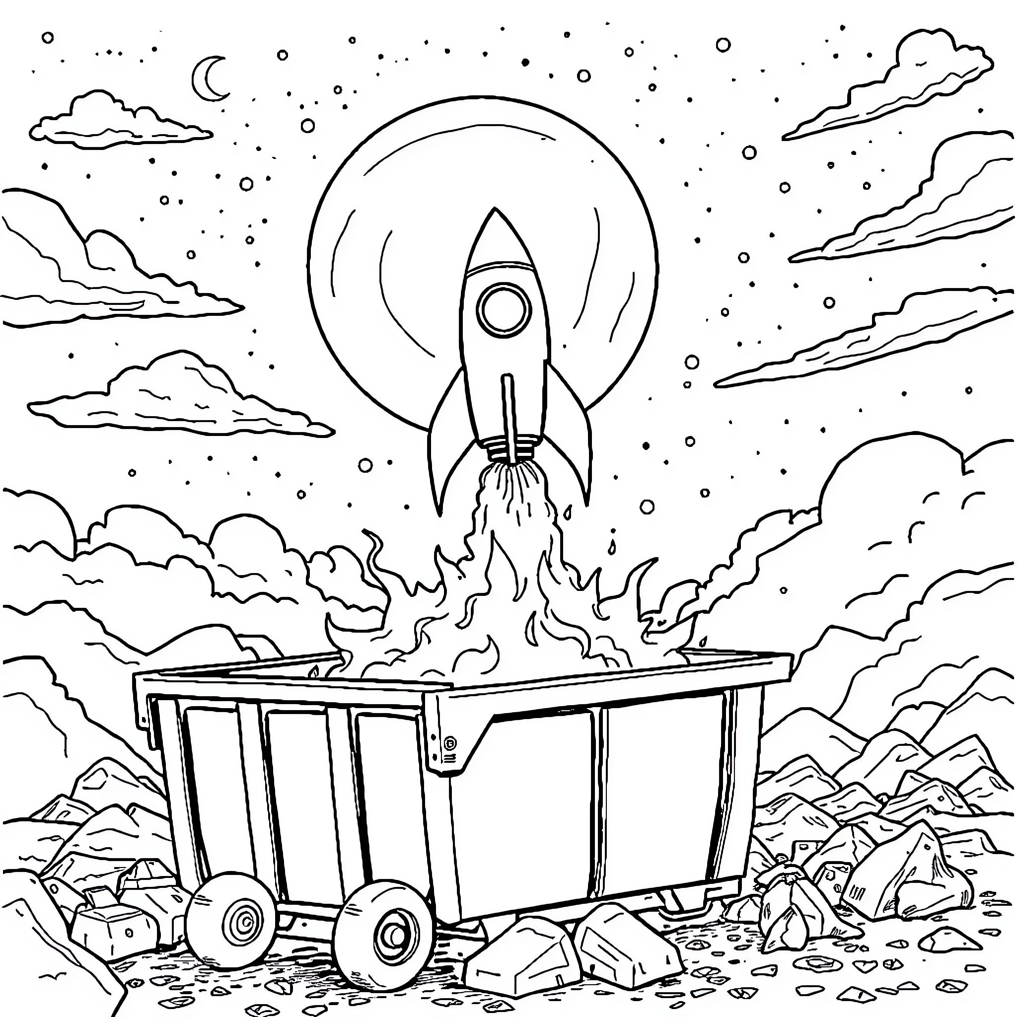 Rocket launching from a mine cart in the starry night Coloring Page (free black-and-white line drawing printable PDF for all, from beginners to advanced learners, including children, teens, adults, and seniors)