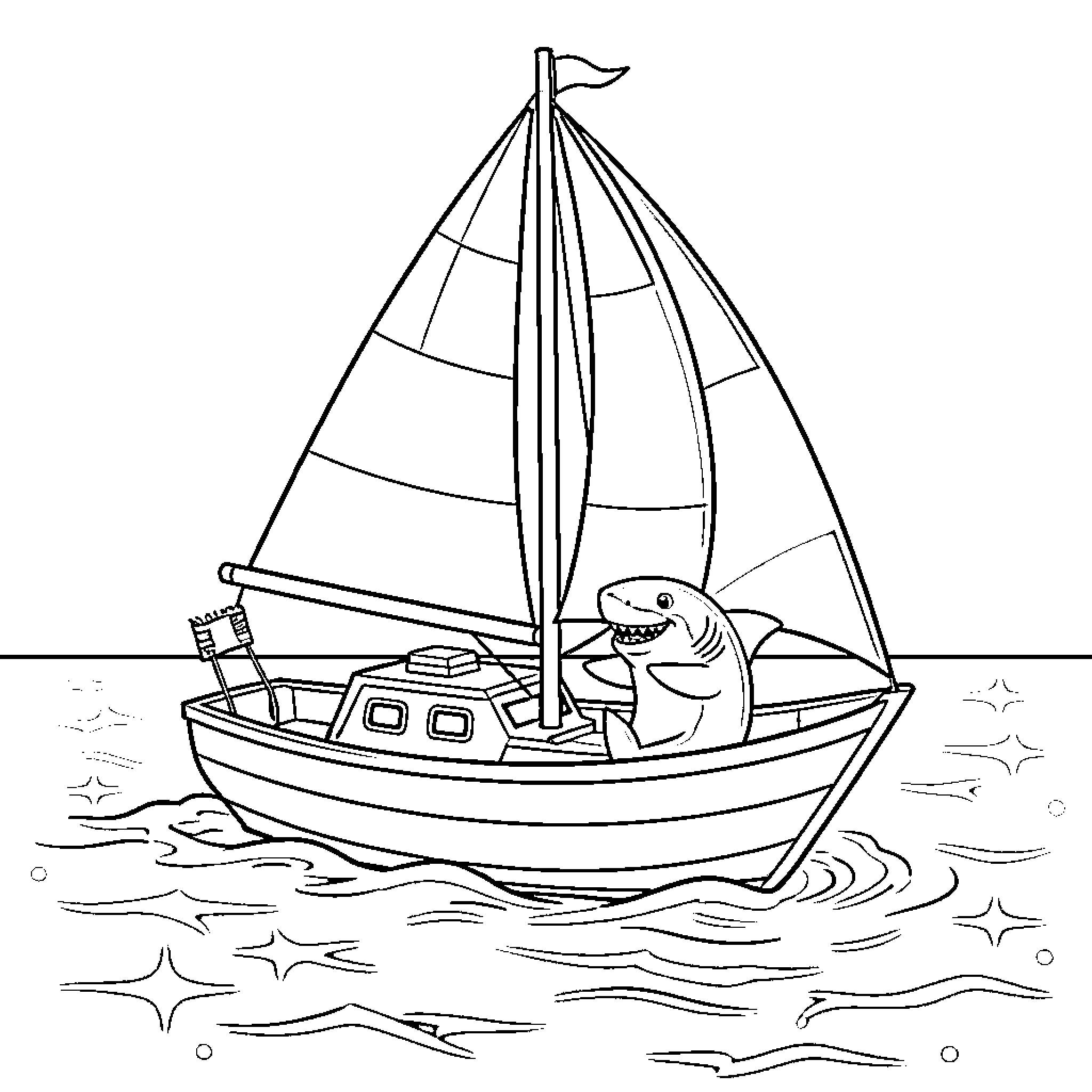 Sailboat with a friendly shark on the sea Coloring Page (free black-and-white line drawing printable PDF for all, from beginners to advanced learners, including children, teens, adults, and seniors)