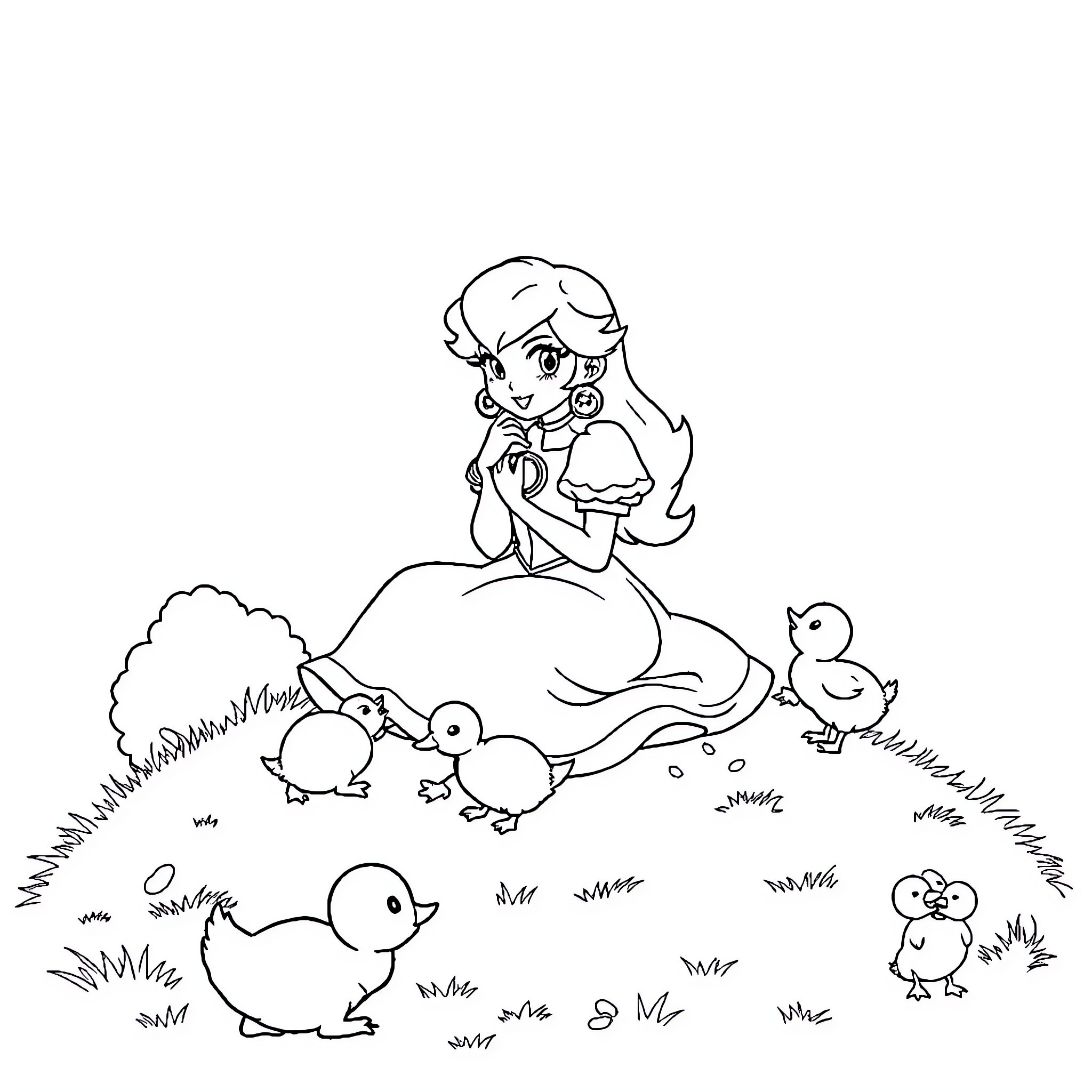 Princess Feeding Adorable Ducklings in Grassy Field Coloring Page (free black-and-white line drawing printable PDF for all, from beginners to advanced learners, including children, teens, adults, and seniors)