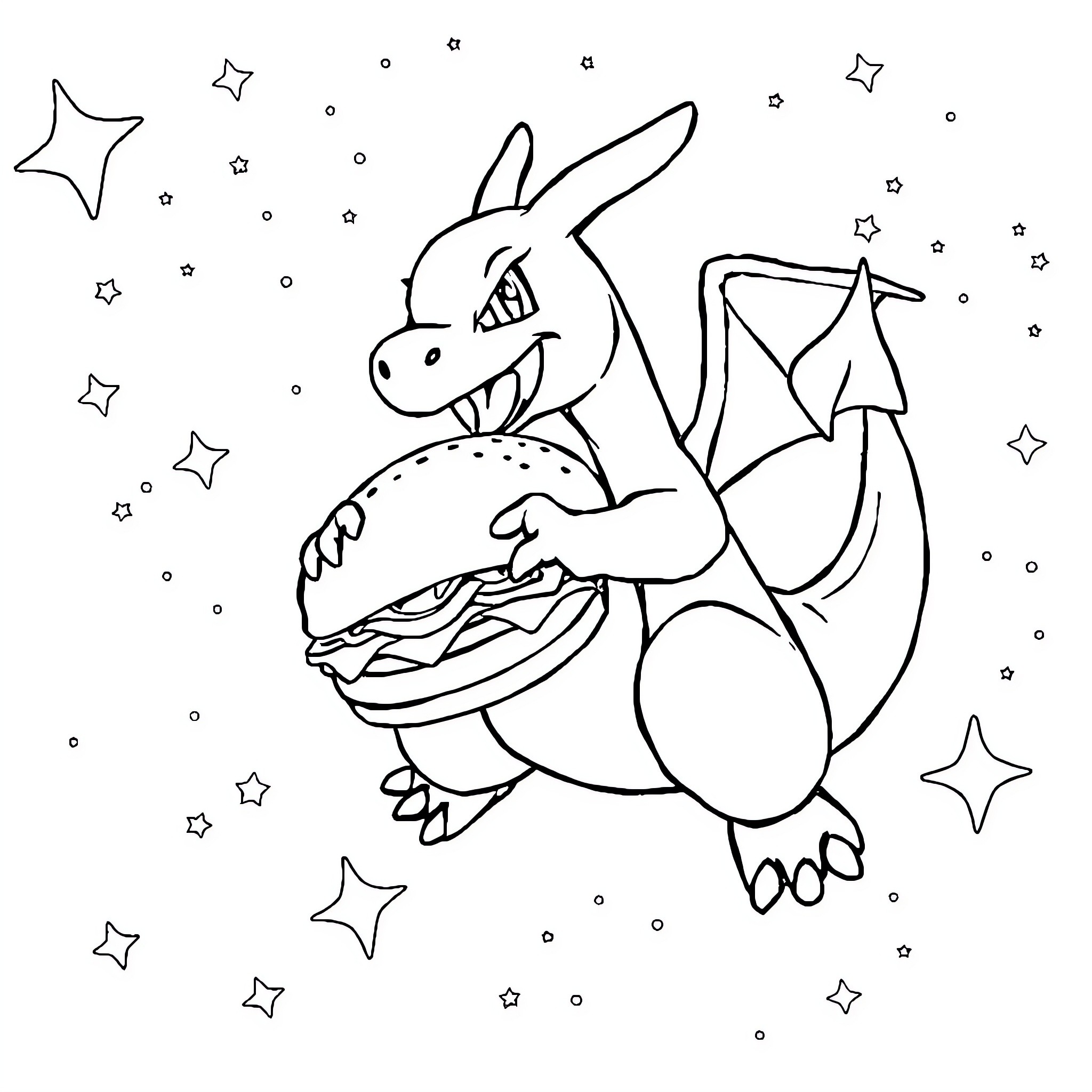 Charizard Enjoying a Burger in the Starry Night Coloring Page (free black-and-white line drawing printable PDF for all, from beginners to advanced learners, including children, teens, adults, and seniors)