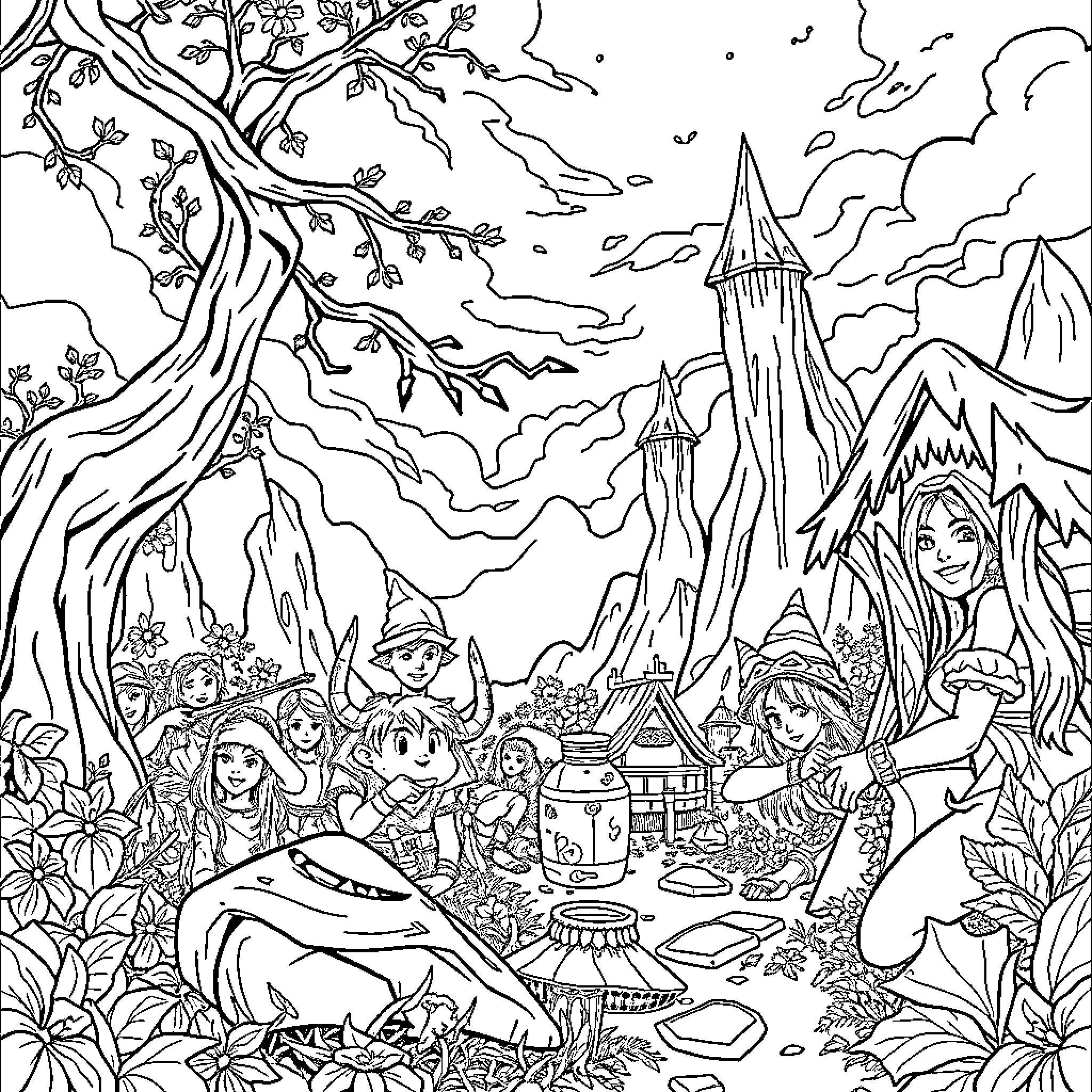 Huntrix's Fantastical Forest Adventure Coloring Page (free black-and-white line drawing printable PDF for all, from beginners to advanced learners, including children, teens, adults, and seniors)