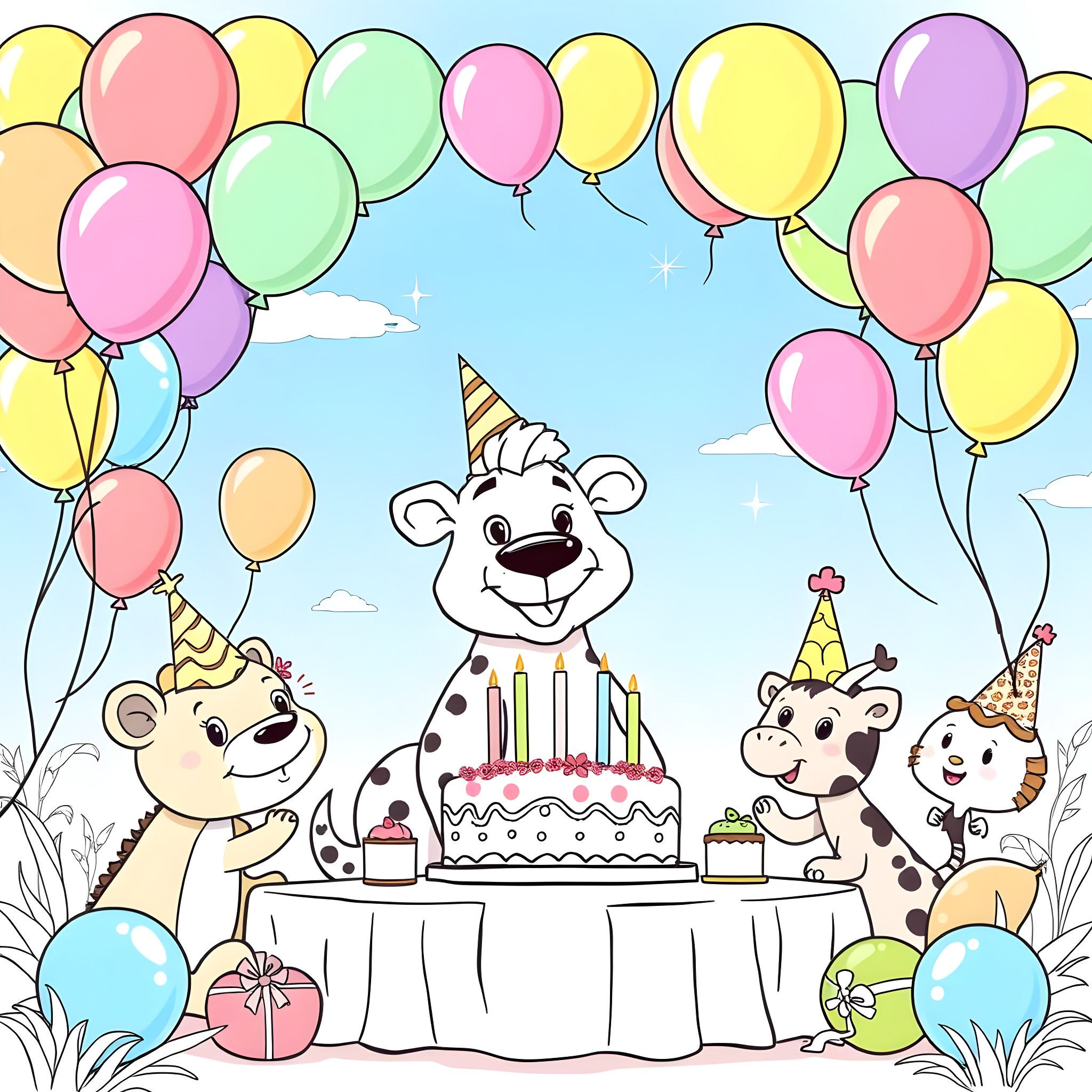 Zoo Animals Celebrating a Birthday Party with Balloons Coloring Page (free black-and-white line drawing printable PDF for all, from beginners to advanced learners, including children, teens, adults, and seniors)