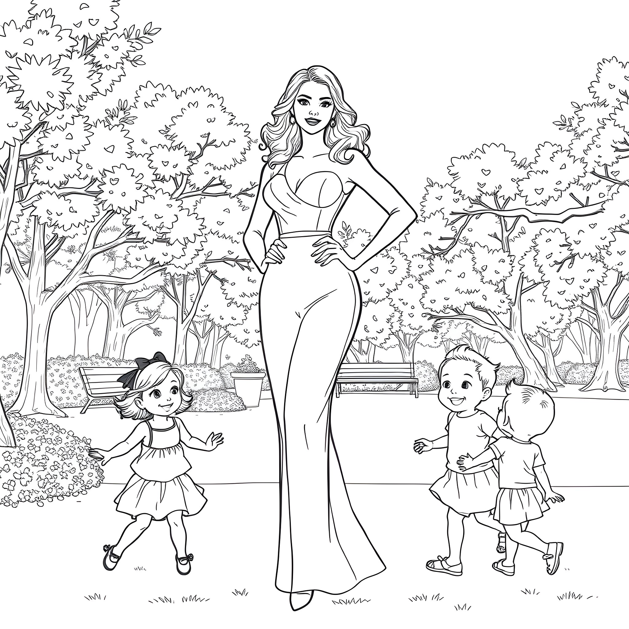 Mom enjoys time with her young daughters in the park Coloring Page (free black-and-white line drawing printable PDF for all, from beginners to advanced learners, including children, teens, adults, and seniors)