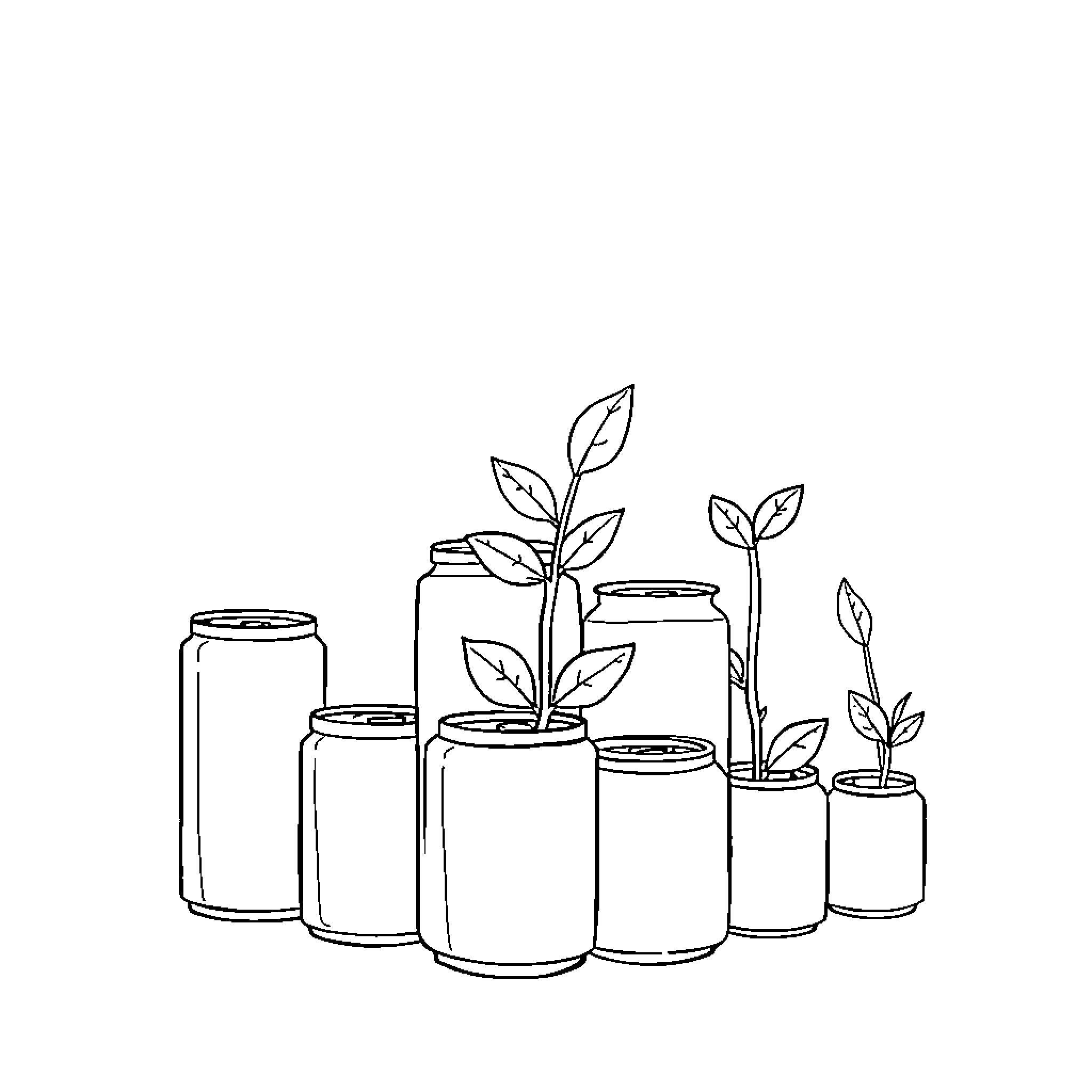 Soda Cans with Sprouting Plants Coloring Page (free black-and-white line drawing printable PDF for all, from beginners to advanced learners, including children, teens, adults, and seniors)