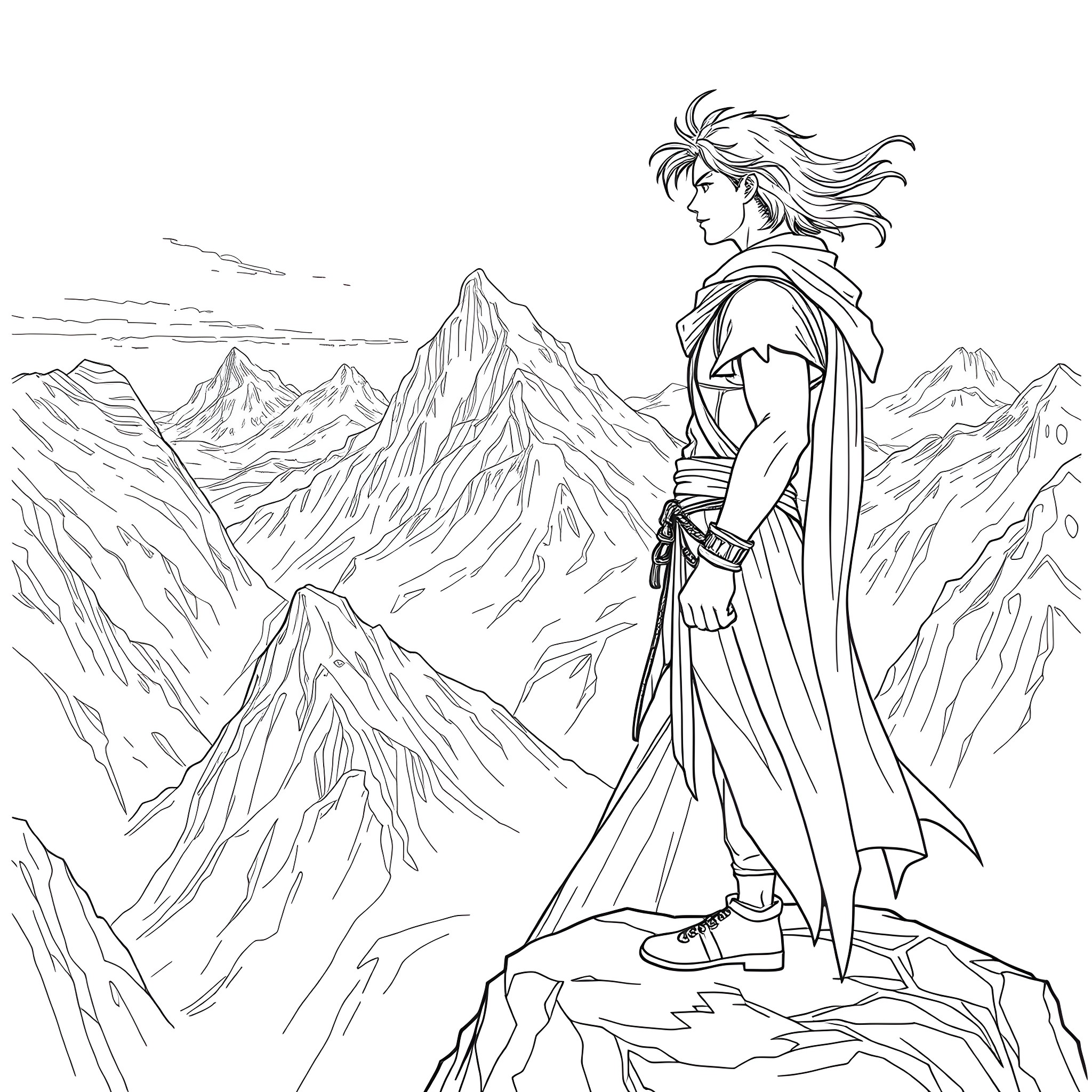 Lindon Arelius overlooking the grand mountain landscape Coloring Page (free black-and-white line drawing printable PDF for all, from beginners to advanced learners, including children, teens, adults, and seniors)