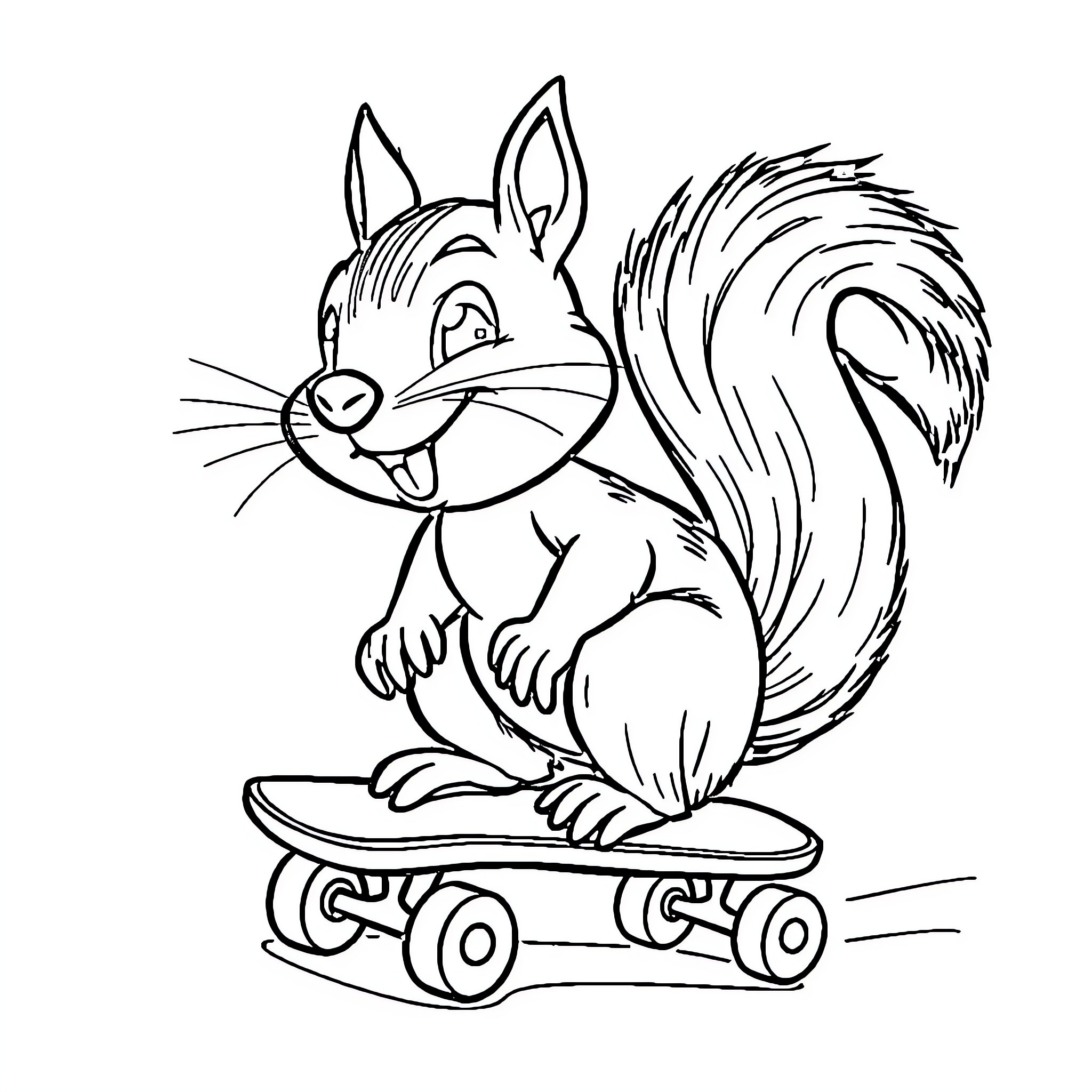 Squirrel riding a skateboard happily Coloring Page (free black-and-white line drawing printable PDF for all, from beginners to advanced learners, including children, teens, adults, and seniors)