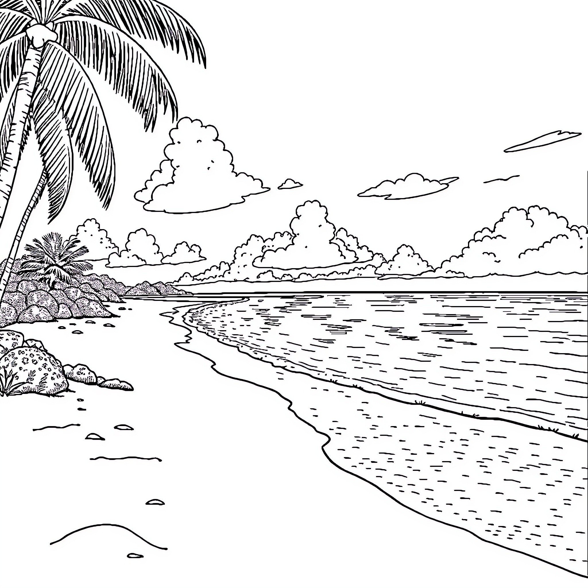 Beach with palm trees and cloudy sky Coloring Page (free black-and-white line drawing printable PDF for all, from beginners to advanced learners, including children, teens, adults, and seniors)