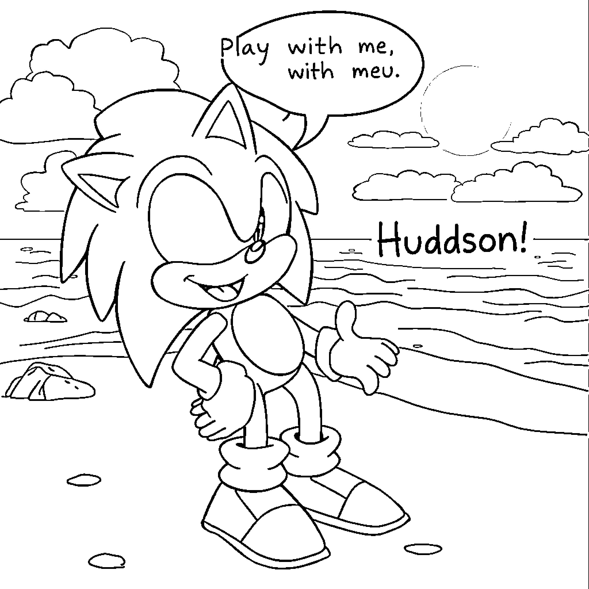 Sonic's Playful Adventure with Meu Coloring Page (free black-and-white line drawing printable PDF for all, from beginners to advanced learners, including children, teens, adults, and seniors)
