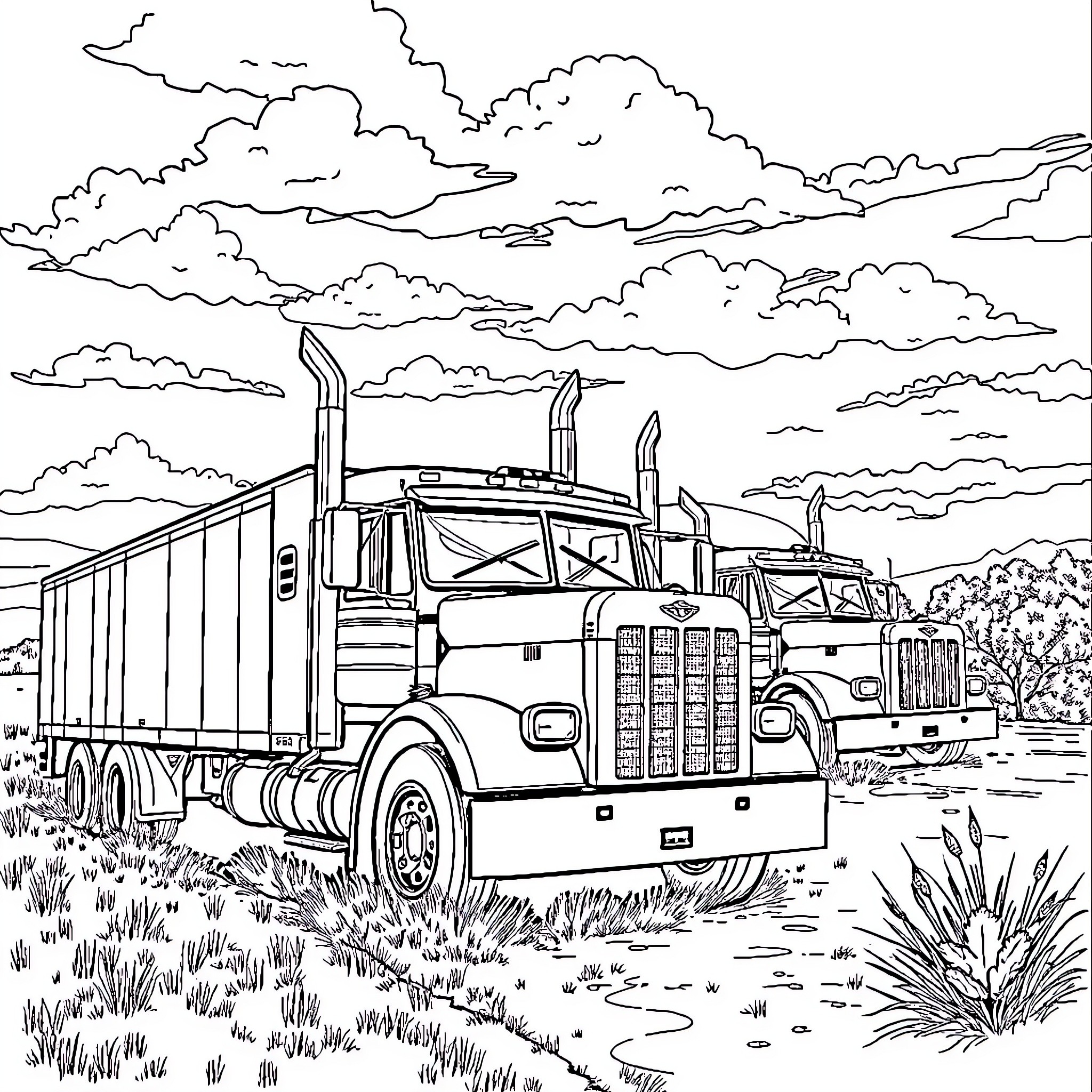 Truck hauling cargo on a country road Coloring Page (free black-and-white line drawing printable PDF for all, from beginners to advanced learners, including children, teens, adults, and seniors)